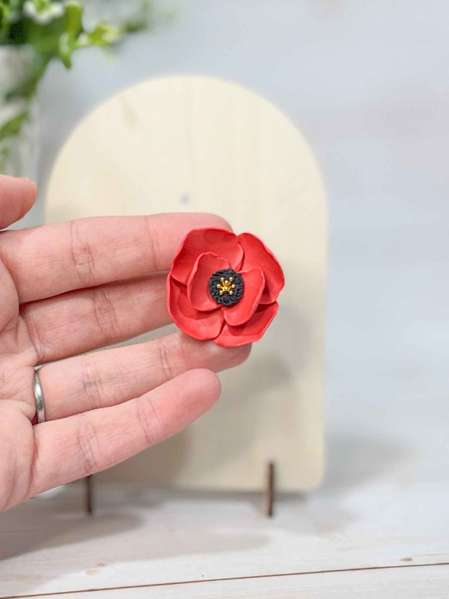 FSS2 Americana Poppy Flower Red Brooch Pin | Patriotic Handmade Polymer Clay | Memorial Day