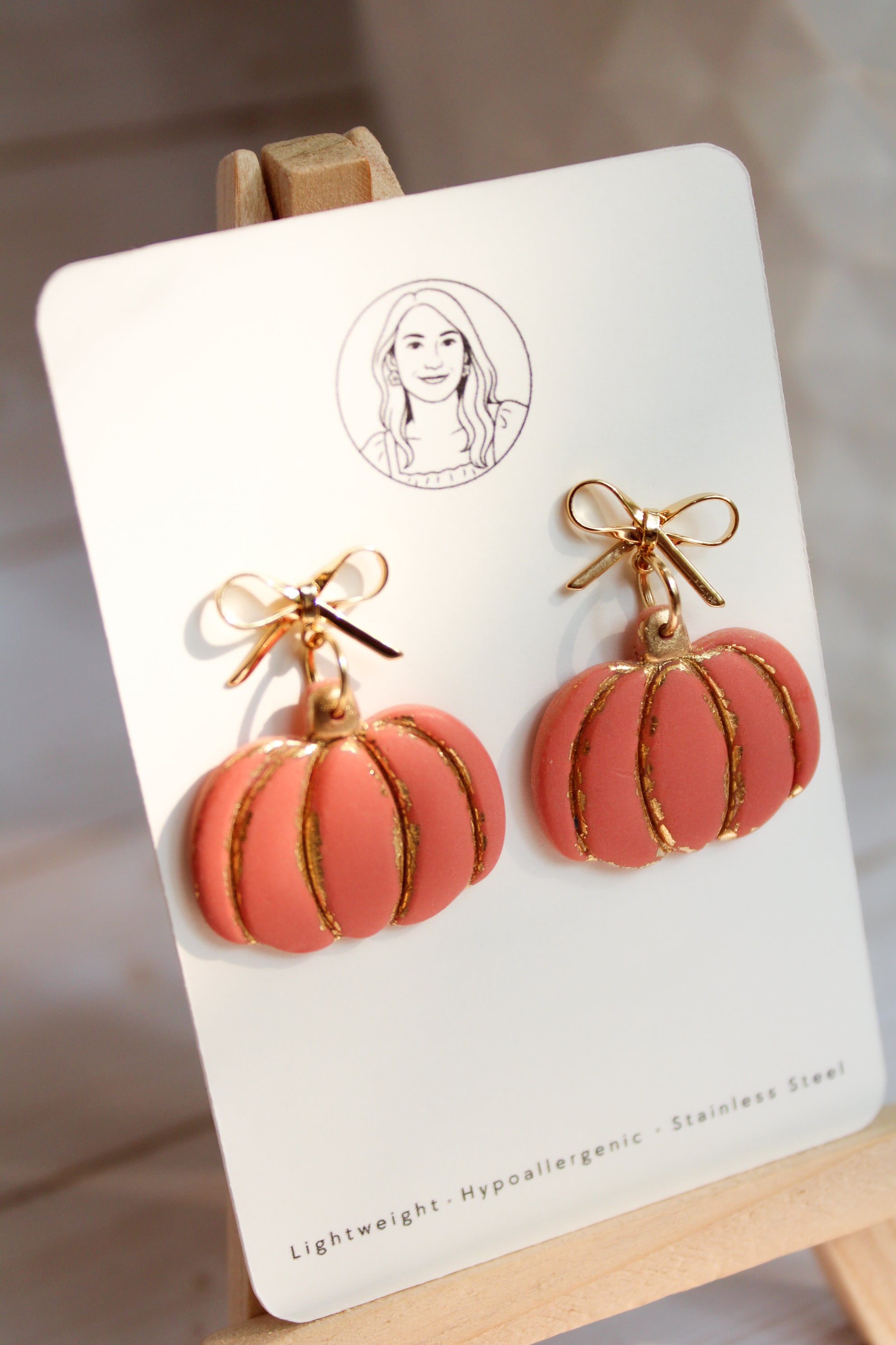WA11 Autumn Pumpkin Gold Detail Earrings | Ribbon Bow Fall Dangles | Handmade Polymer Clay Jewelry | Lightweight .
