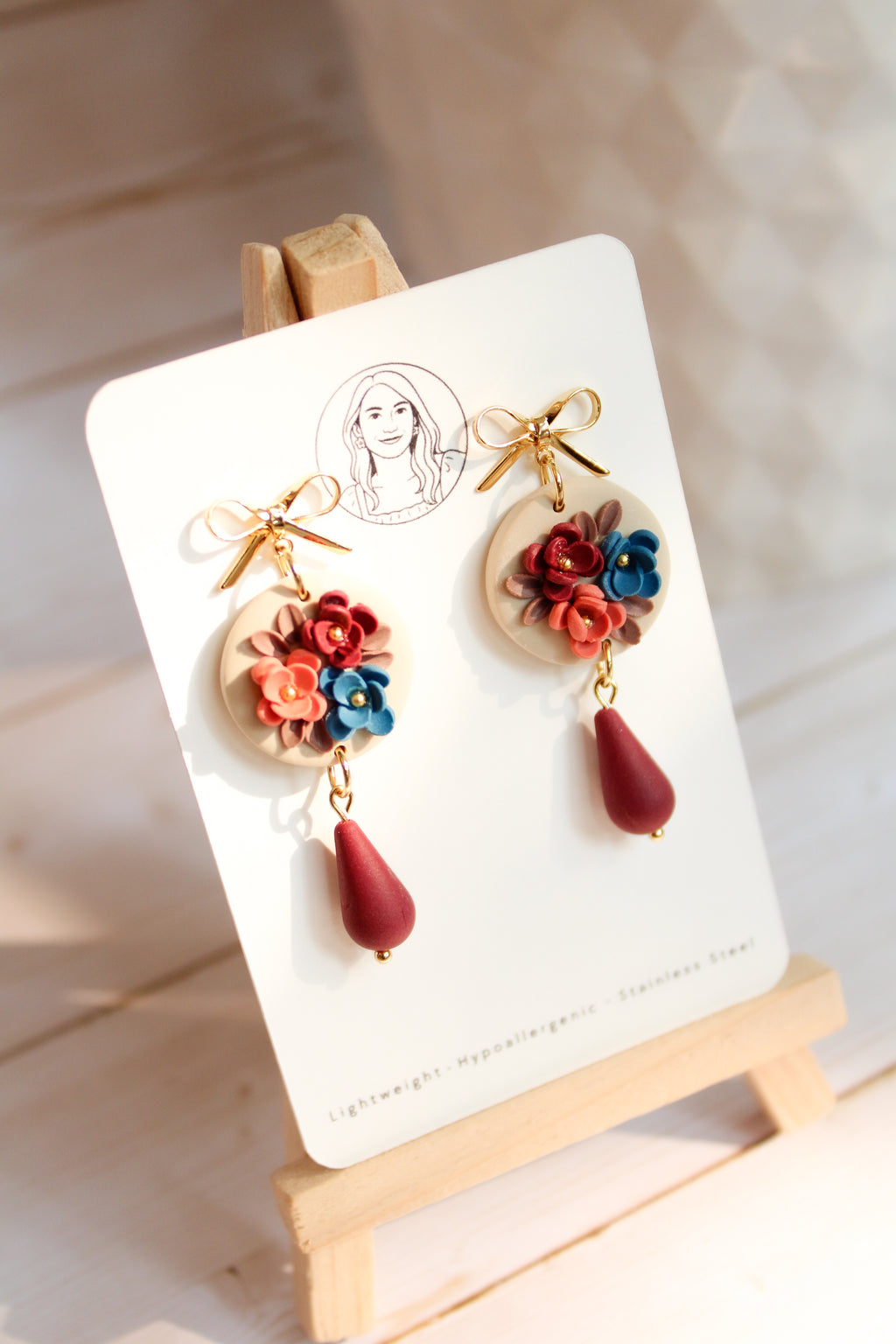 WA2 Autumn Floral Ribbon Bow Earrings | Handmade Polymer Clay Dangle Earrings | Lightweight Romantic Fall Jewelry| Boutique Gift for Her