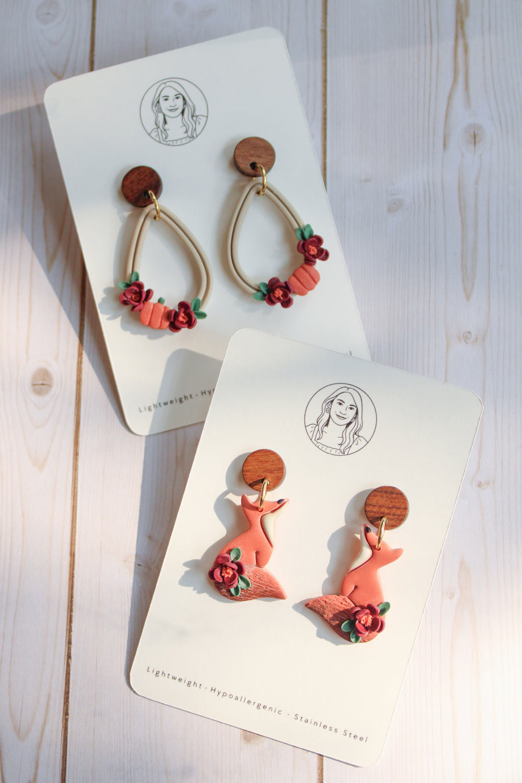 WA13 Whimsical Autumn Fox Earrings | Cute Fall Dangles with Wood | Handmade Polymer Clay Jewelry | Lightweight
