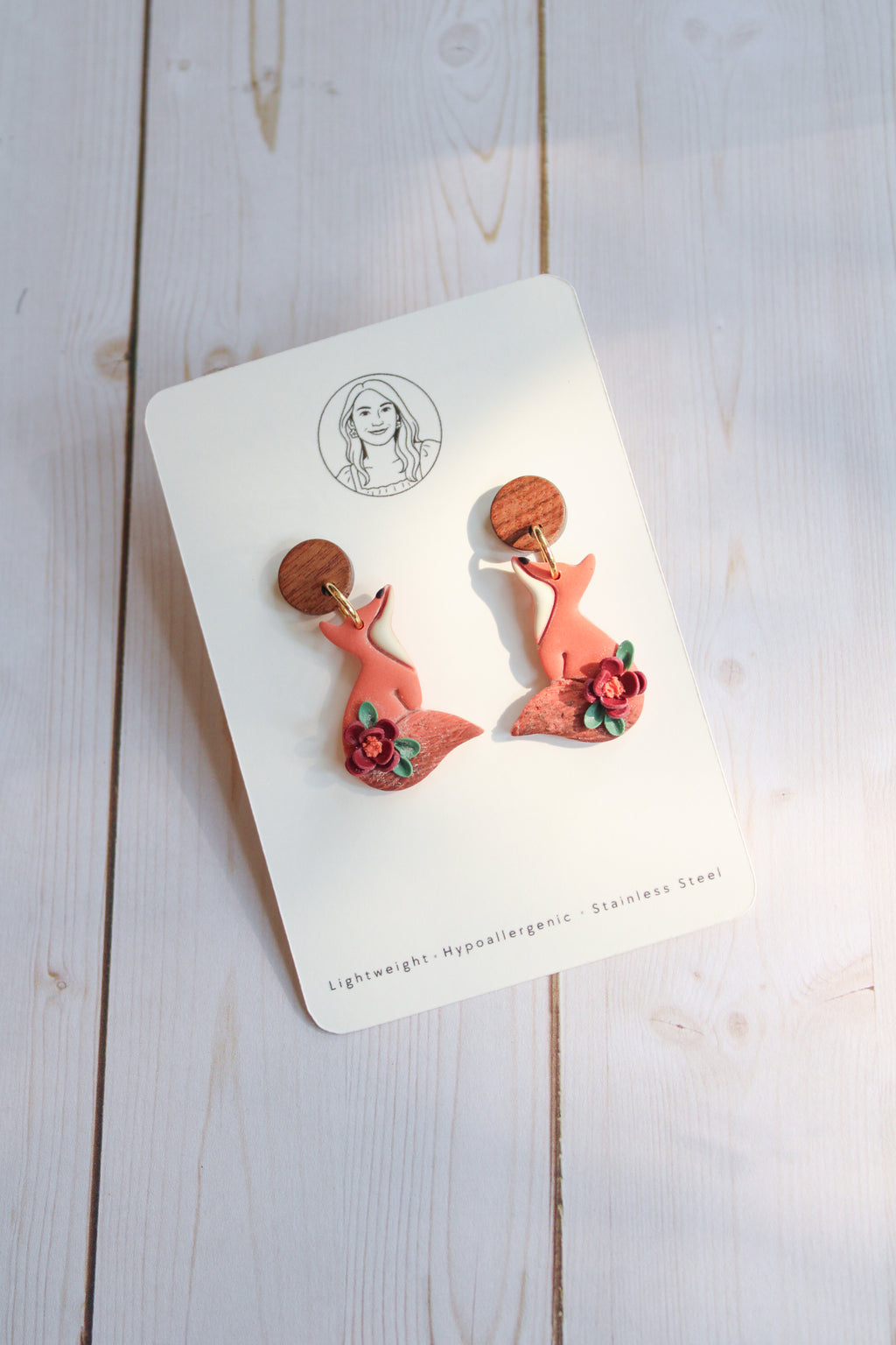 WA13 Whimsical Autumn Fox Earrings | Cute Fall Dangles with Wood | Handmade Polymer Clay Jewelry | Lightweight