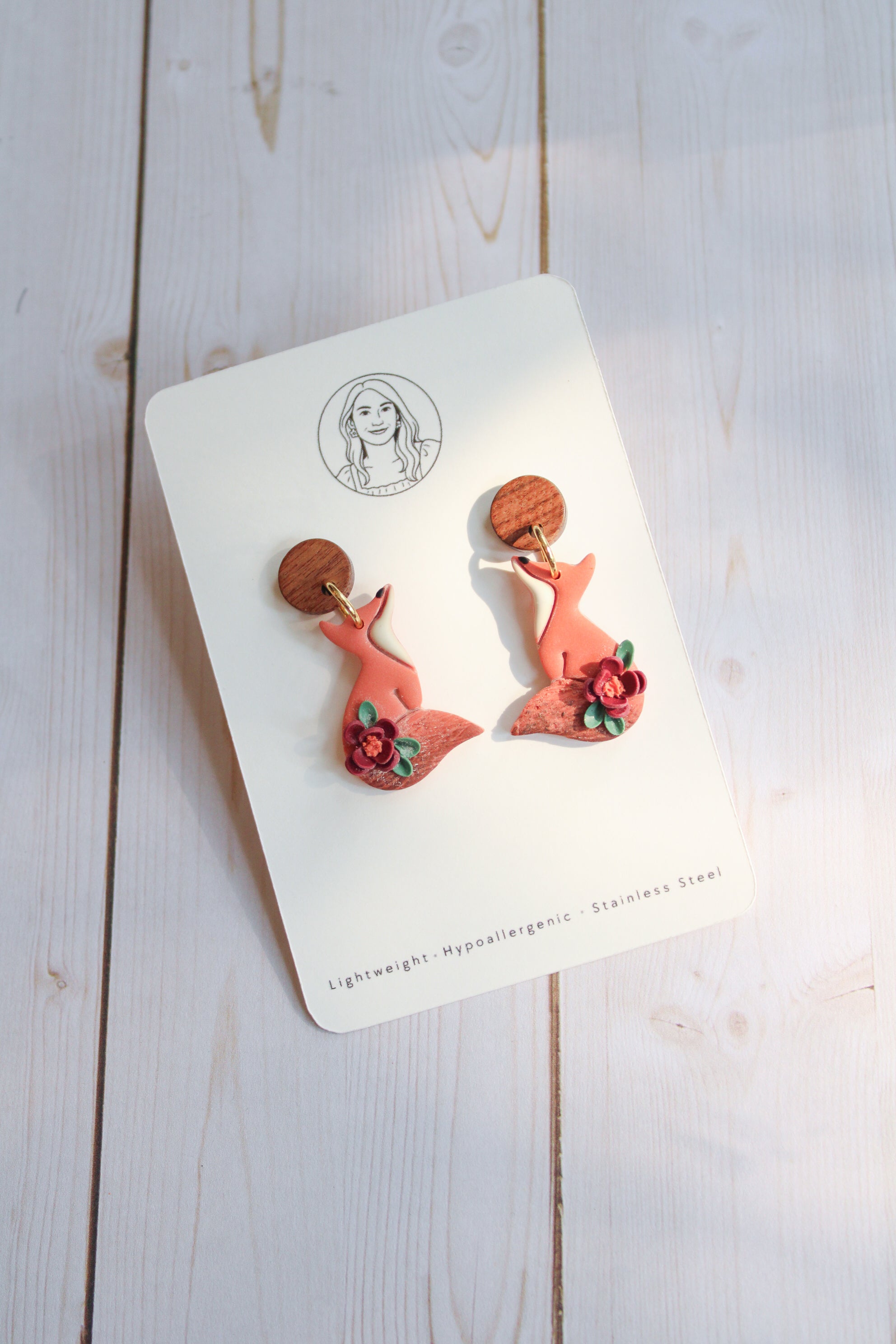 WA13 Whimsical Autumn Fox Earrings | Cute Fall Dangles with Wood | Handmade Polymer Clay Jewelry | Lightweight