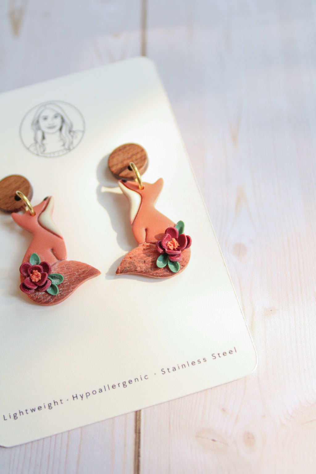 WA13 Whimsical Autumn Fox Earrings | Cute Fall Dangles with Wood | Handmade Polymer Clay Jewelry | Lightweight