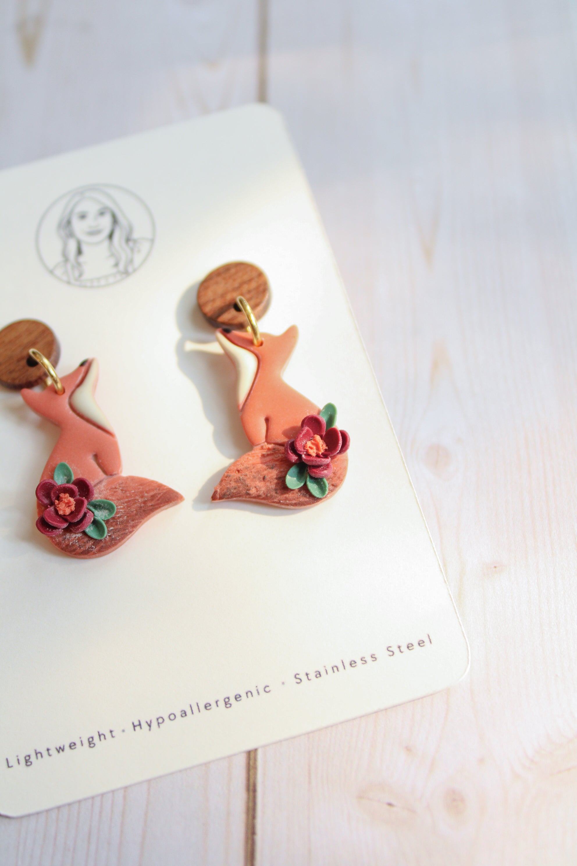 WA13 Whimsical Autumn Fox Earrings | Cute Fall Dangles with Wood | Handmade Polymer Clay Jewelry | Lightweight