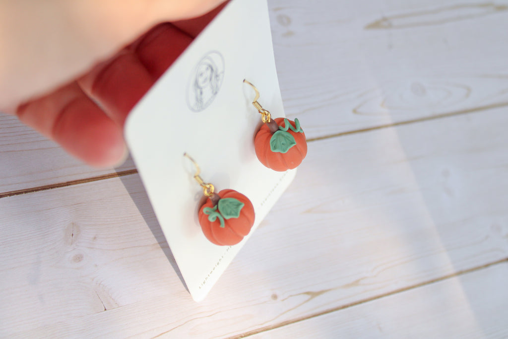 WA7 Whimsical Autumn Mini Pumpkin Earrings | Handmade 3D Polymer Clay Pumpkin Dangles | Cute Fall Earrings | Gift-able and Hypoallergenic