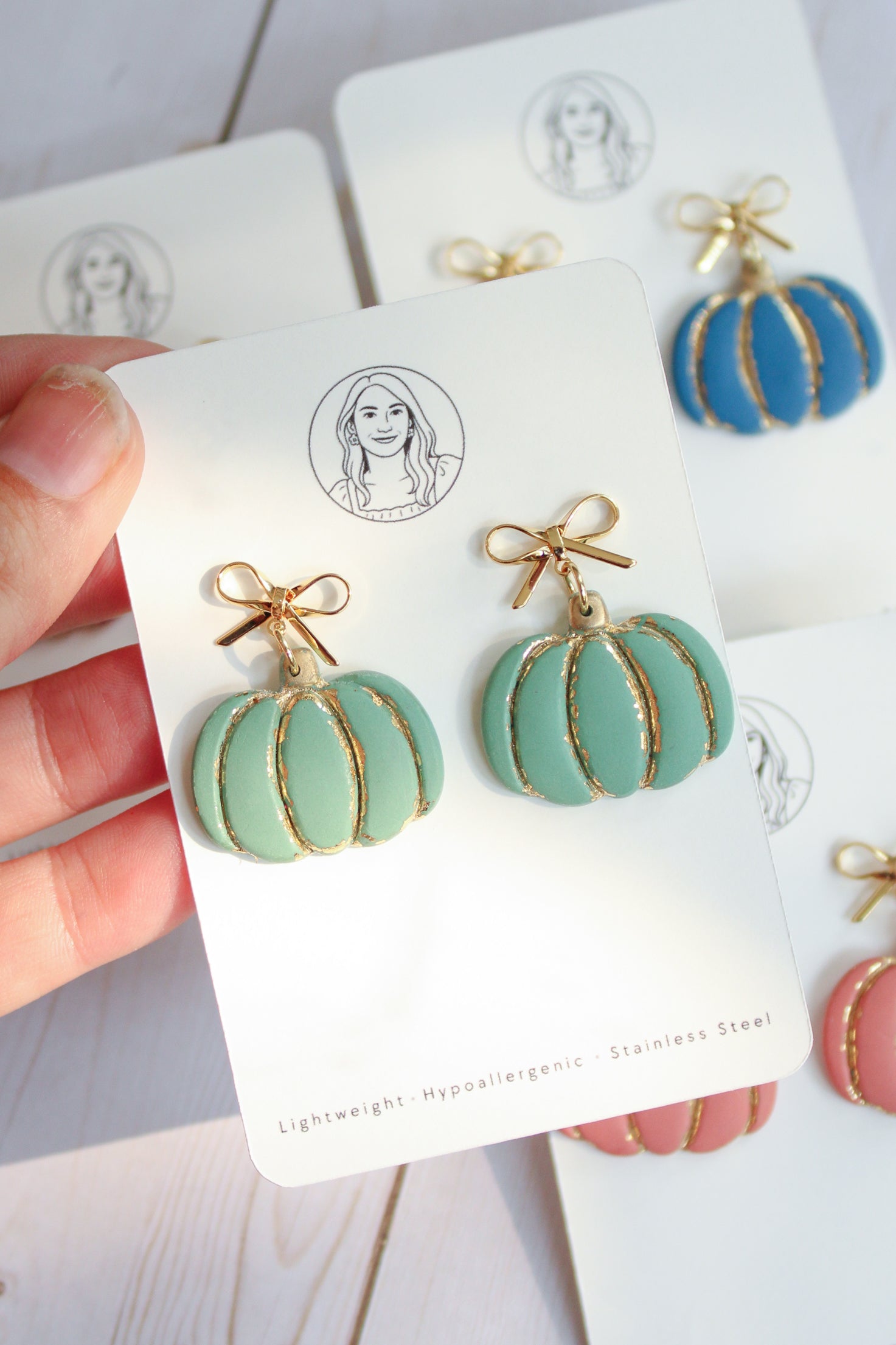 WA11 Autumn Pumpkin Gold Detail Earrings | Ribbon Bow Fall Dangles | Handmade Polymer Clay Jewelry | Lightweight .