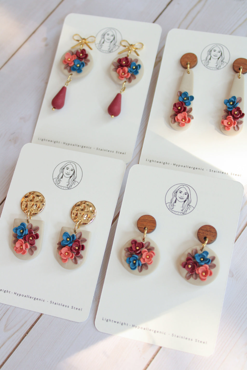WA3 Autumn Floral Earrings | Handmade Polymer Clay Wood Dangle Earrings | Lightweight Romantic Fall Jewelry| Boutique Gift for Her