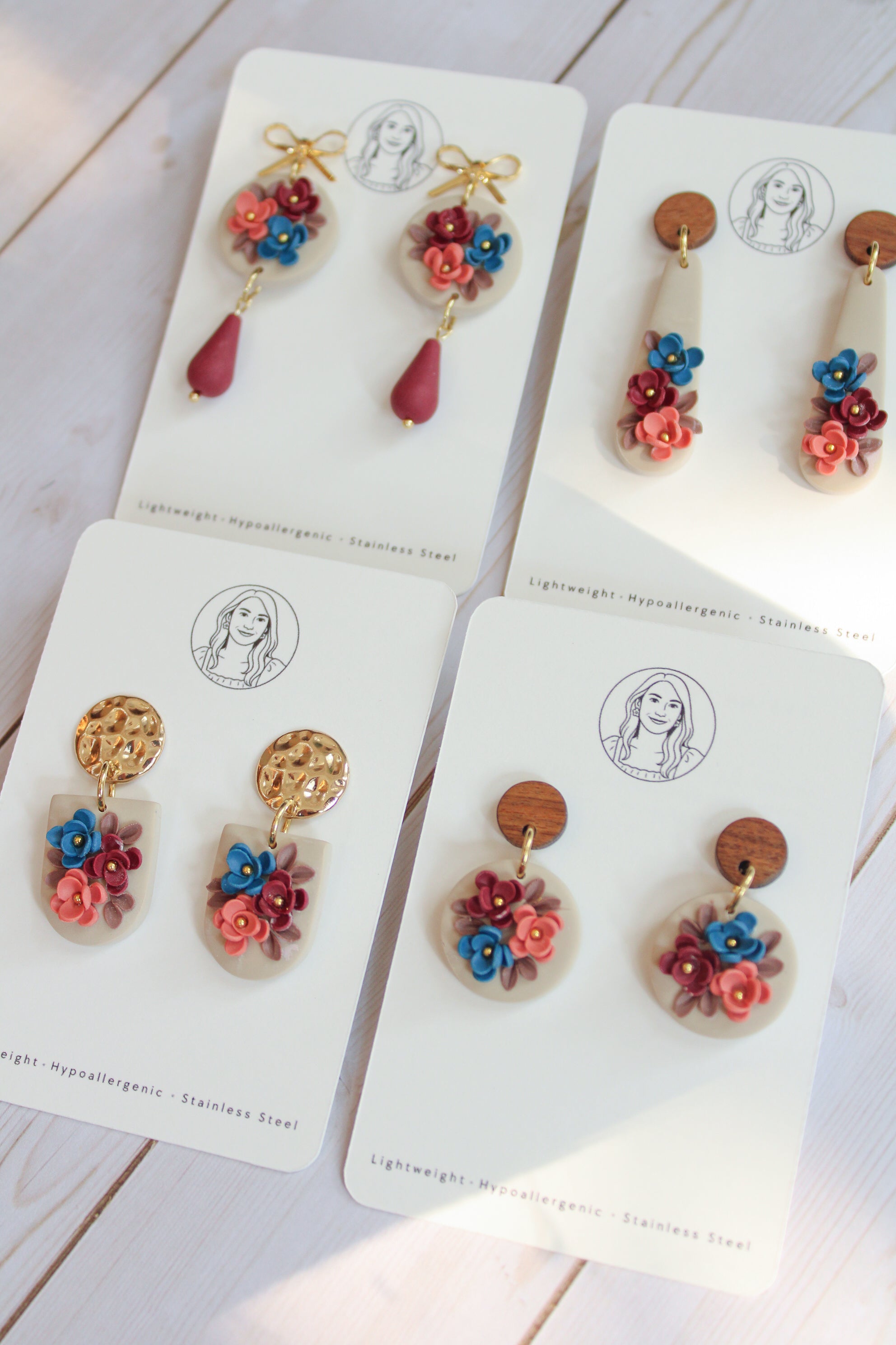 WA3 Autumn Floral Earrings | Handmade Polymer Clay Wood Dangle Earrings | Lightweight Romantic Fall Jewelry| Boutique Gift for Her