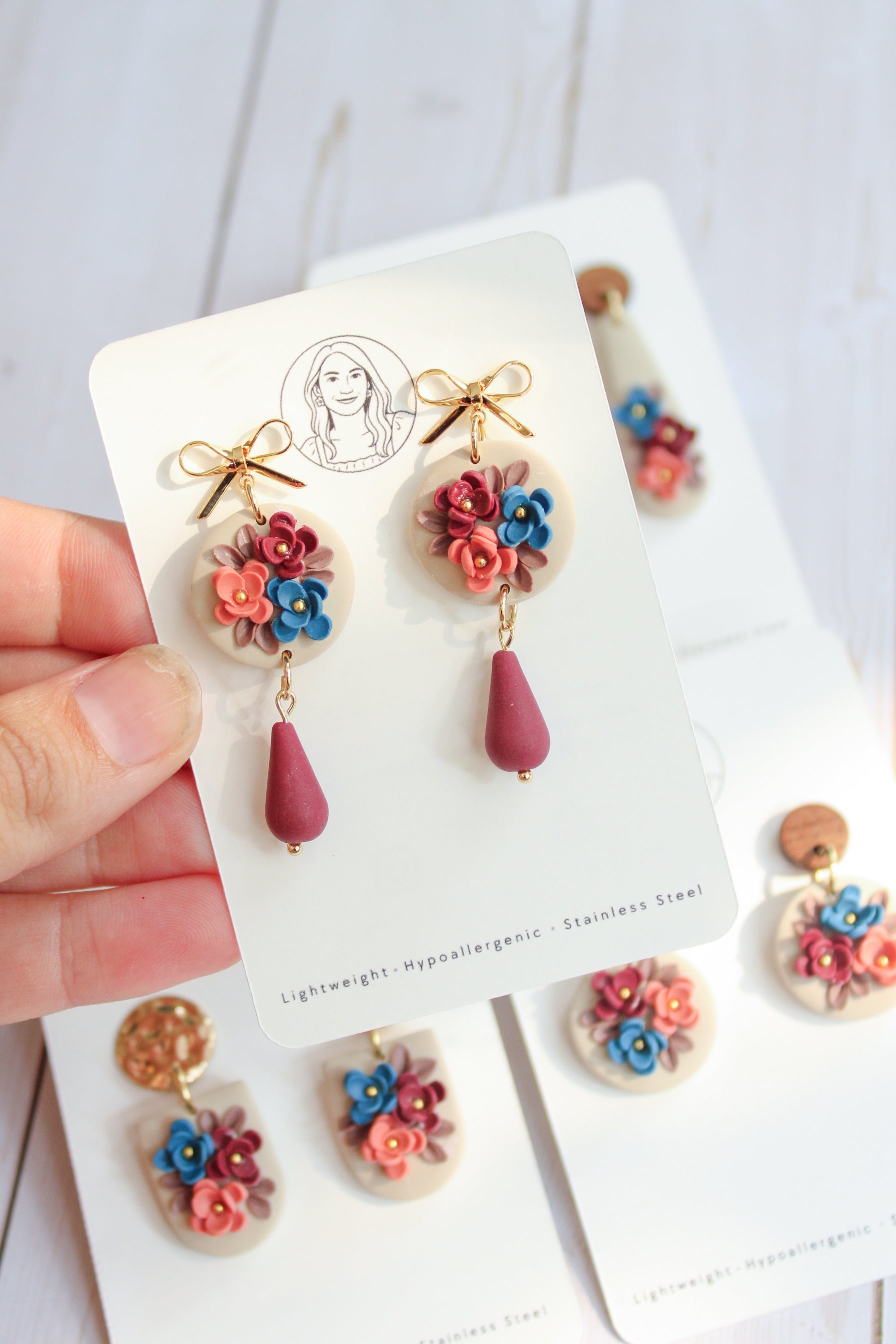 WA2 Autumn Floral Ribbon Bow Earrings | Handmade Polymer Clay Dangle Earrings | Lightweight Romantic Fall Jewelry| Boutique Gift for Her