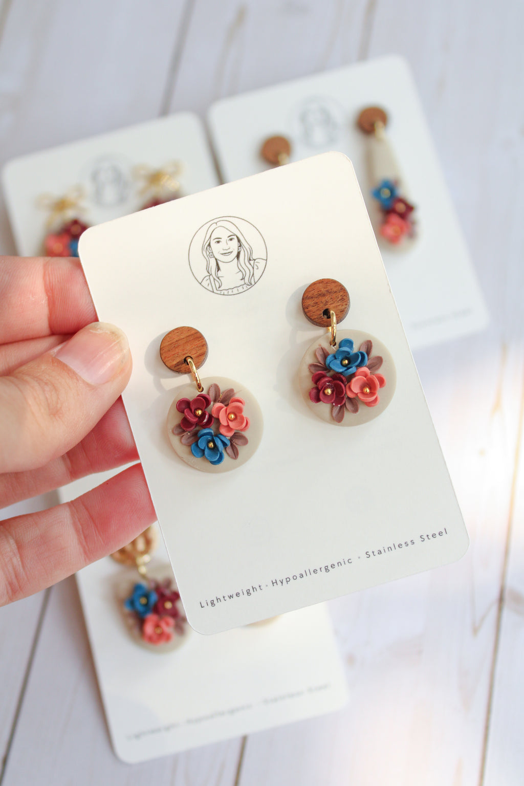 WA3 Autumn Floral Earrings | Handmade Polymer Clay Wood Dangle Earrings | Lightweight Romantic Fall Jewelry| Boutique Gift for Her