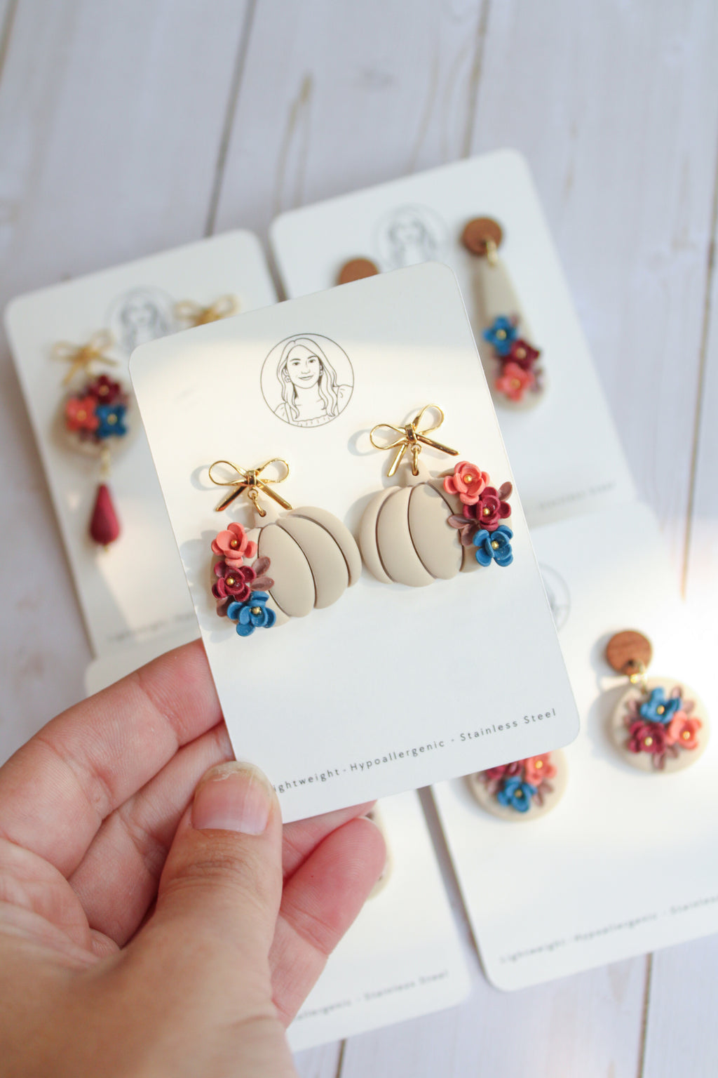 WA4 Autumn Floral Pumpkin Ribbon Bow Earrings | Handmade Polymer Clay Dangle Earrings |&nbsp;Lightweight Romantic Fall Jewelry| Boutique Gift for Her