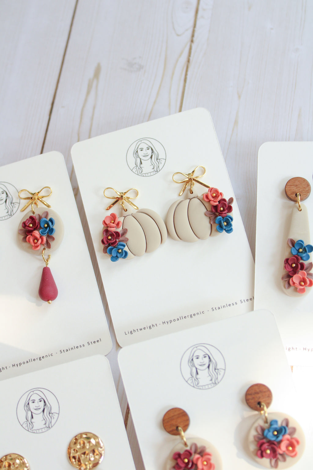 WA4 Autumn Floral Pumpkin Ribbon Bow Earrings | Handmade Polymer Clay Dangle Earrings |&nbsp;Lightweight Romantic Fall Jewelry| Boutique Gift for Her