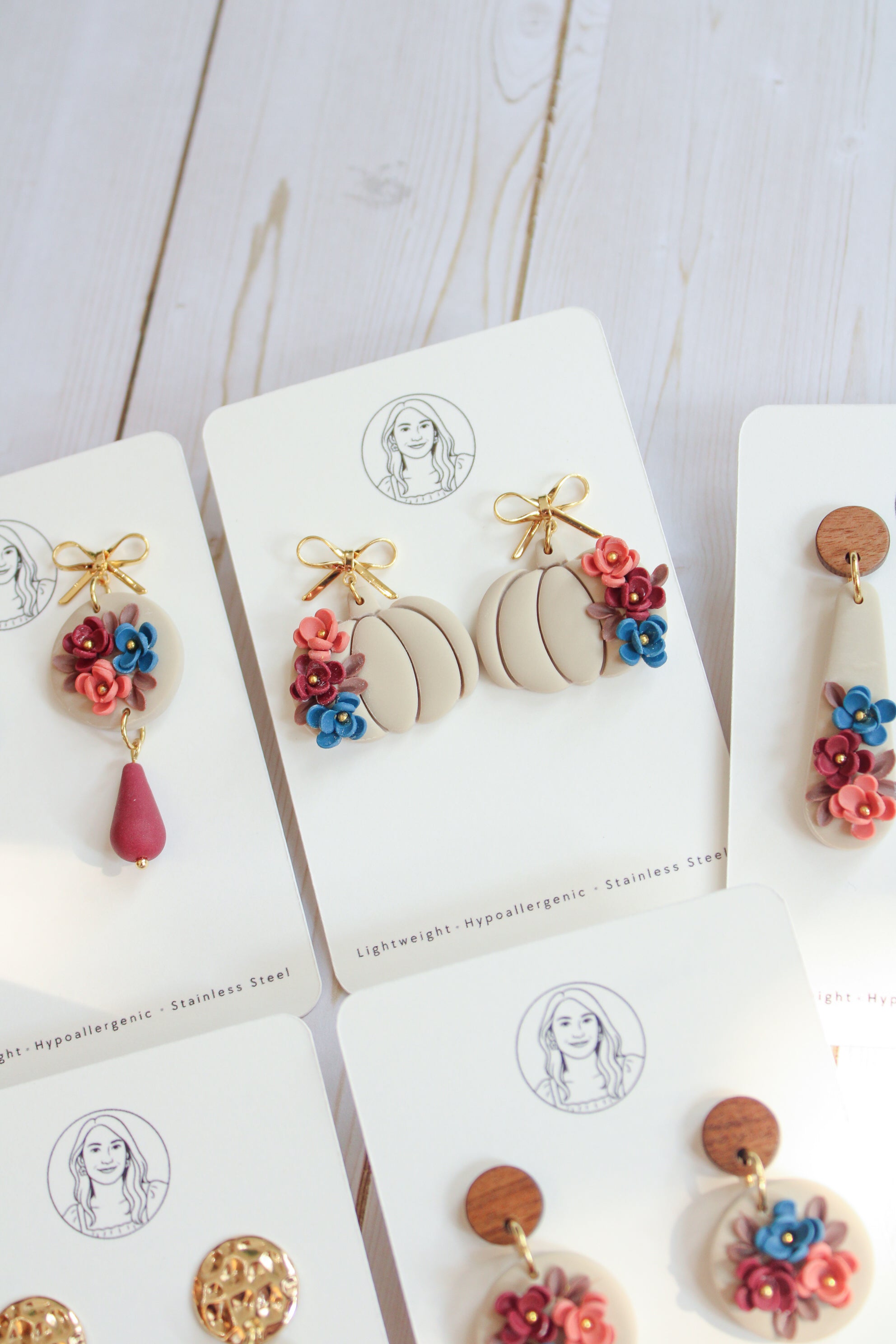 WA4 Autumn Floral Pumpkin Ribbon Bow Earrings | Handmade Polymer Clay Dangle Earrings |&nbsp;Lightweight Romantic Fall Jewelry| Boutique Gift for Her
