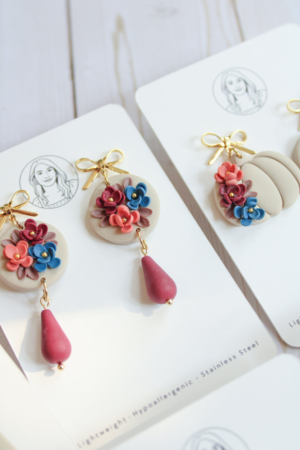 WA2 Autumn Floral Ribbon Bow Earrings | Handmade Polymer Clay Dangle Earrings | Lightweight Romantic Fall Jewelry| Boutique Gift for Her