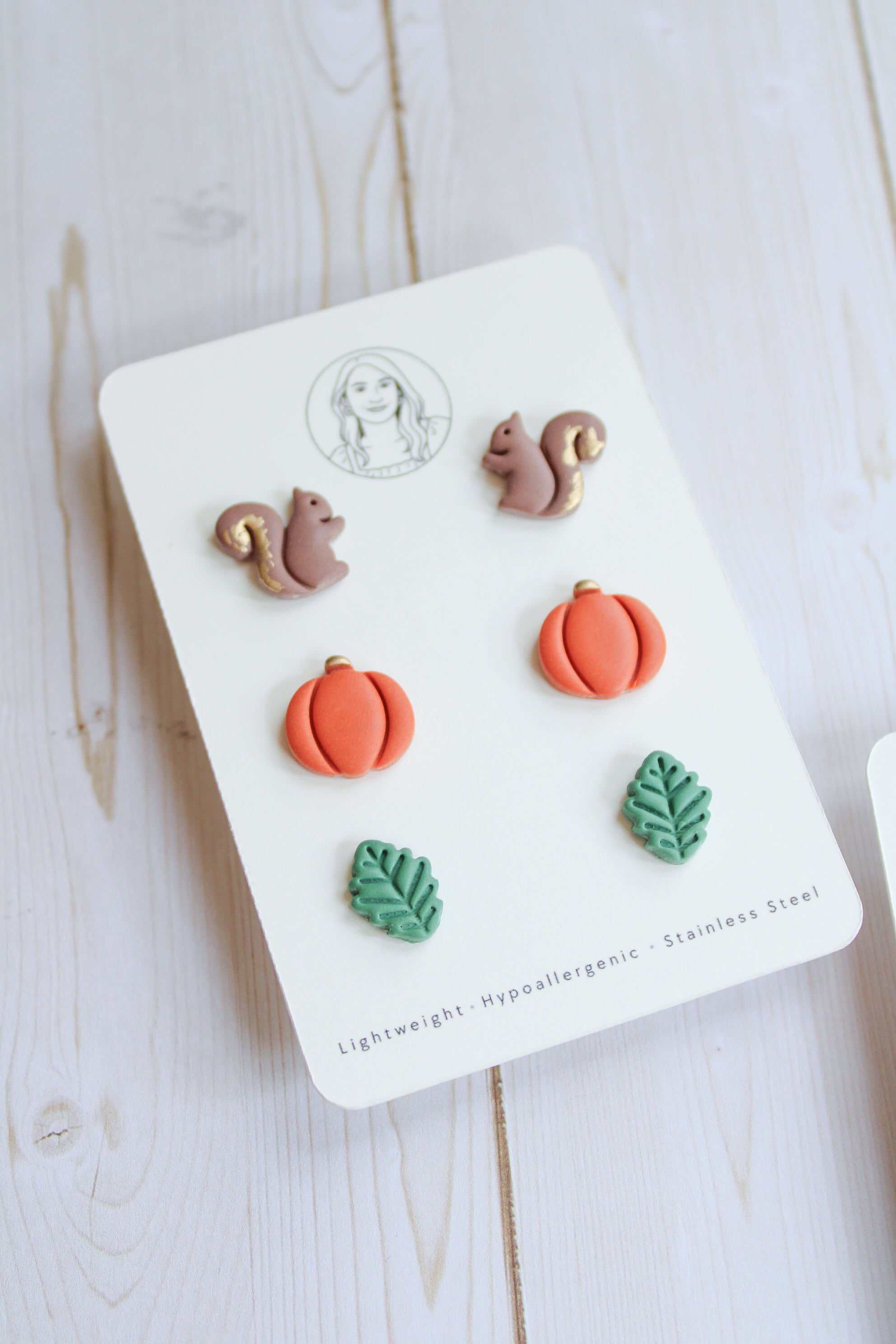 WA15 Whimsical Autumn Stud pack | Cute Squirrel Pumpkin Leaf Earrings | Handmade Polymer Clay Jewelry | Lightweight