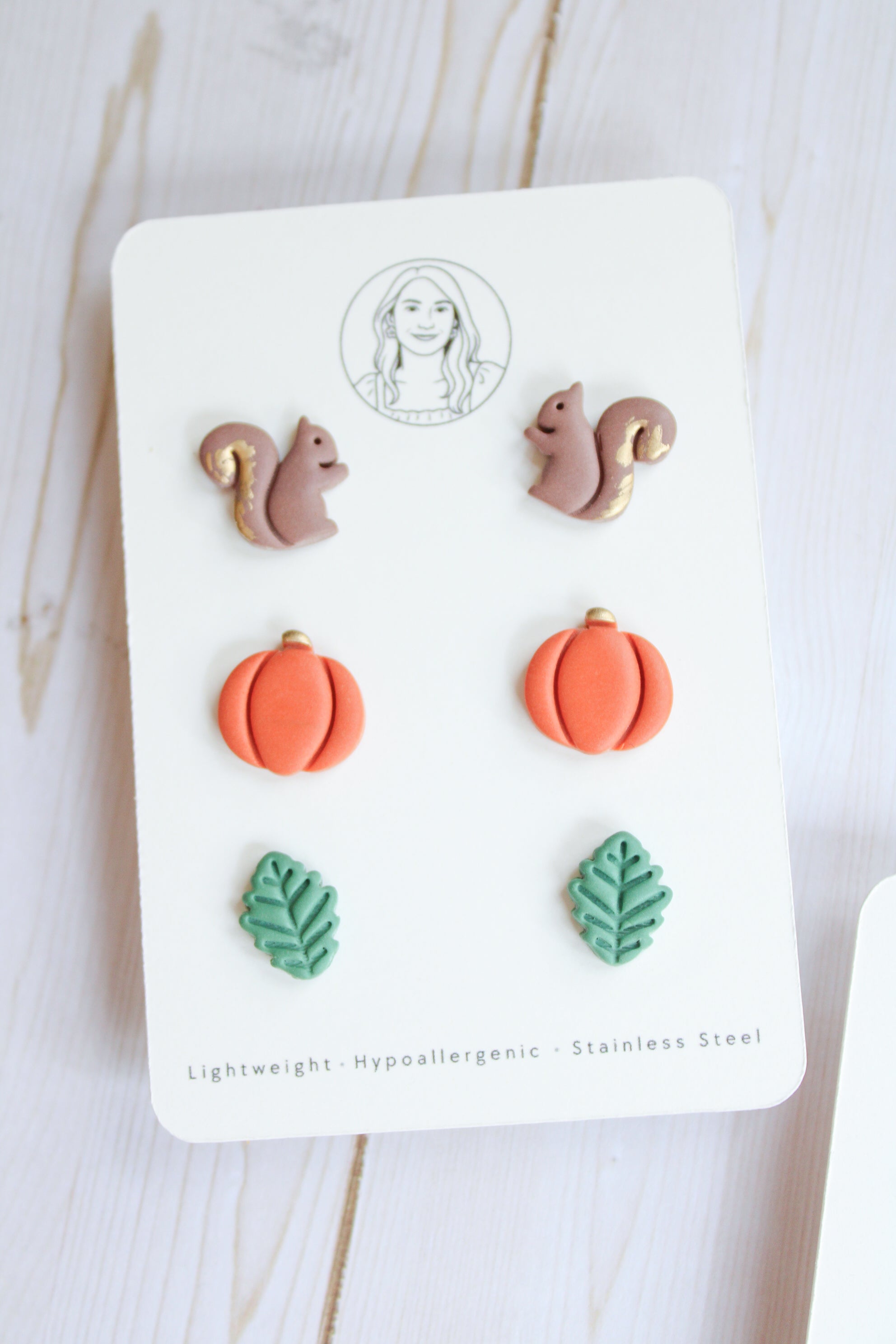 WA15 Whimsical Autumn Stud pack | Cute Squirrel Pumpkin Leaf Earrings | Handmade Polymer Clay Jewelry | Lightweight