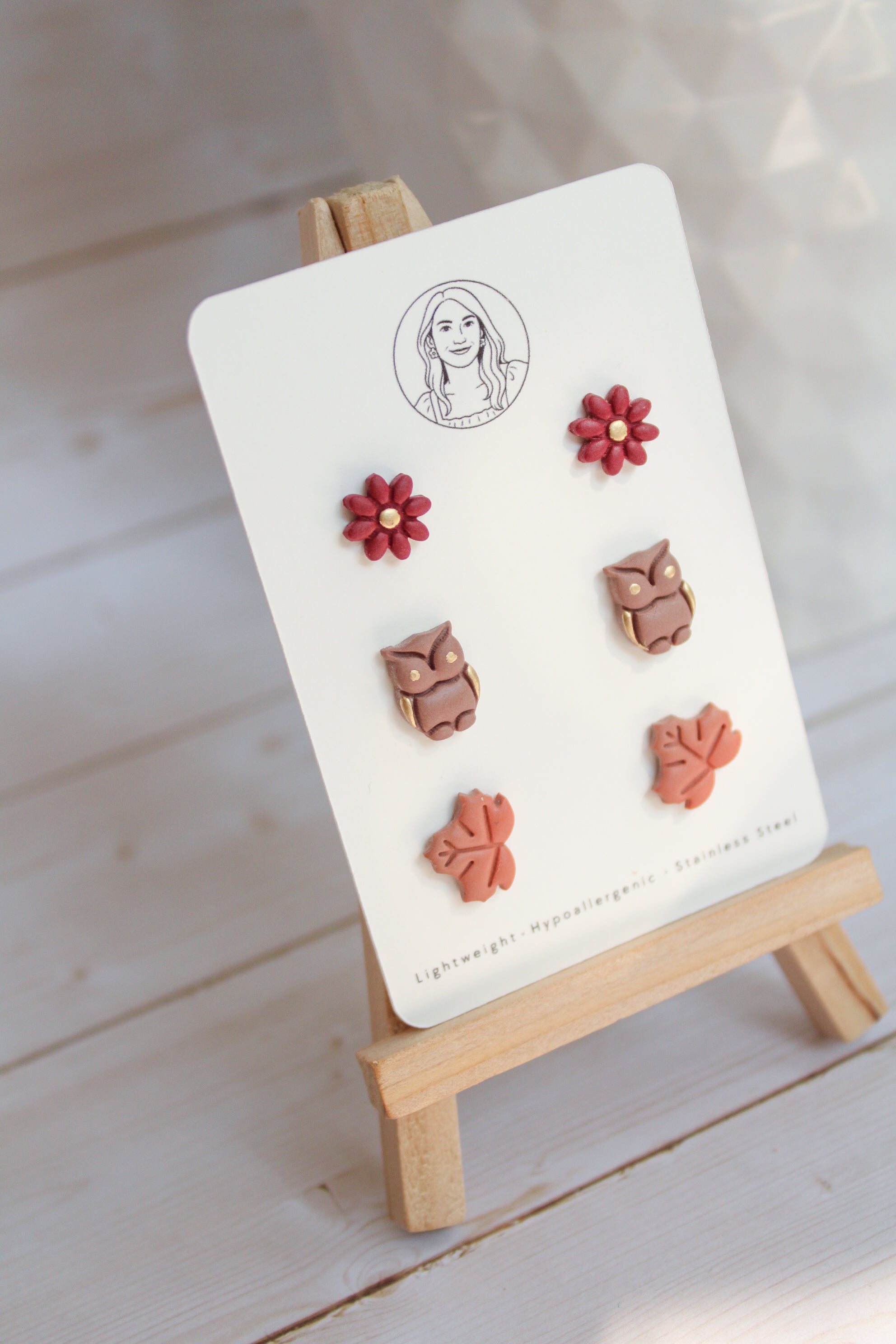 WA16 Whimsical Autumn Stud pack | Cute Flower Owl Leaf Earrings | Handmade Polymer Clay Jewelry | Lightweight