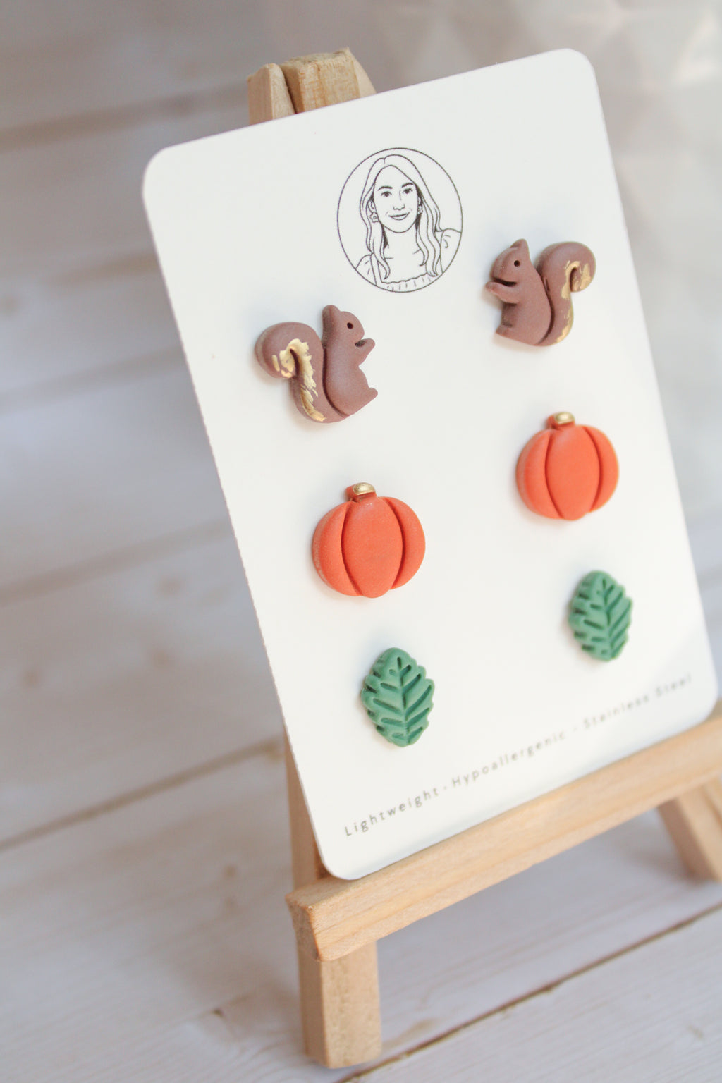 WA15 Whimsical Autumn Stud pack | Cute Squirrel Pumpkin Leaf Earrings | Handmade Polymer Clay Jewelry | Lightweight