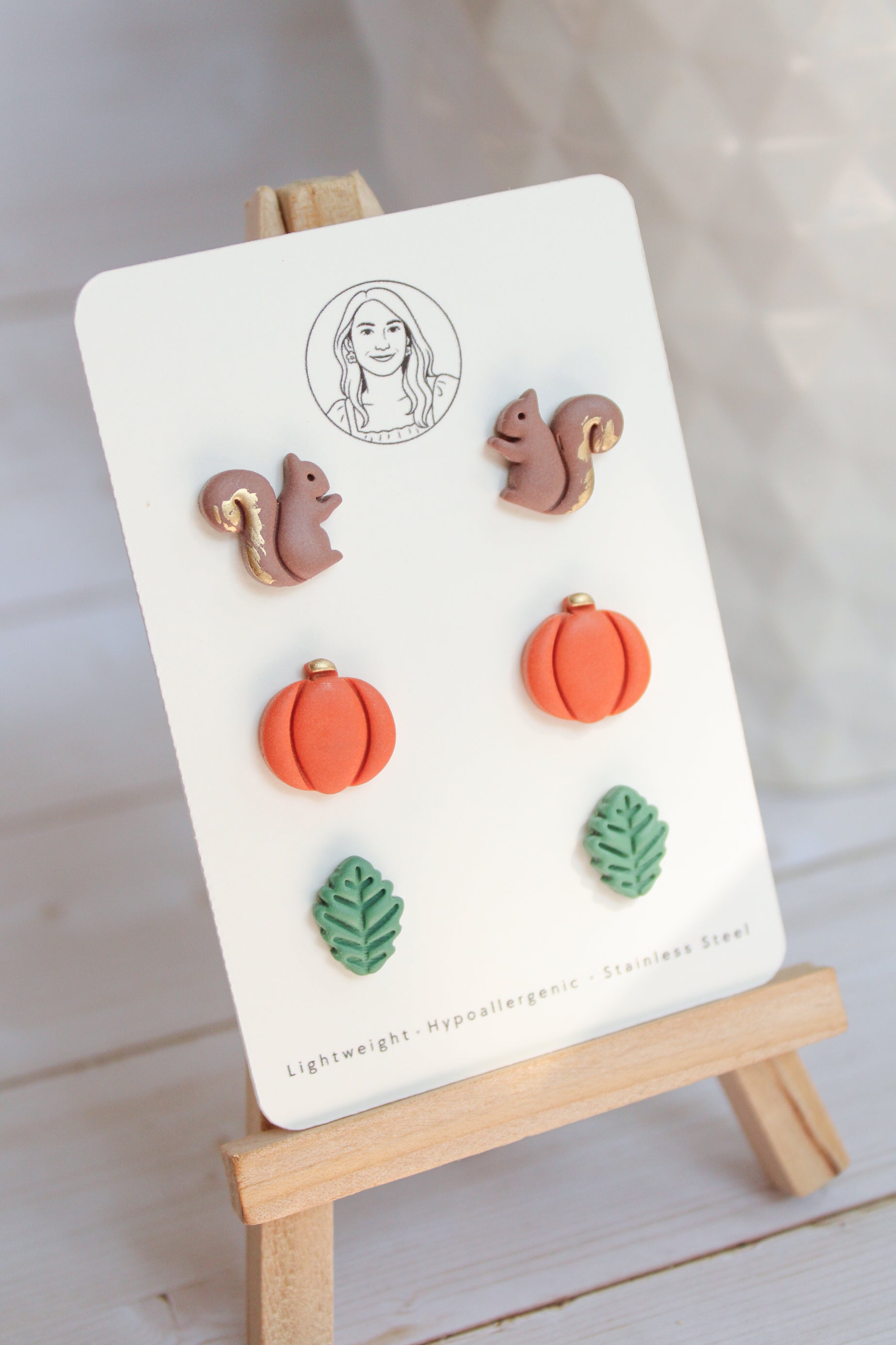 WA15 Whimsical Autumn Stud pack | Cute Squirrel Pumpkin Leaf Earrings | Handmade Polymer Clay Jewelry | Lightweight