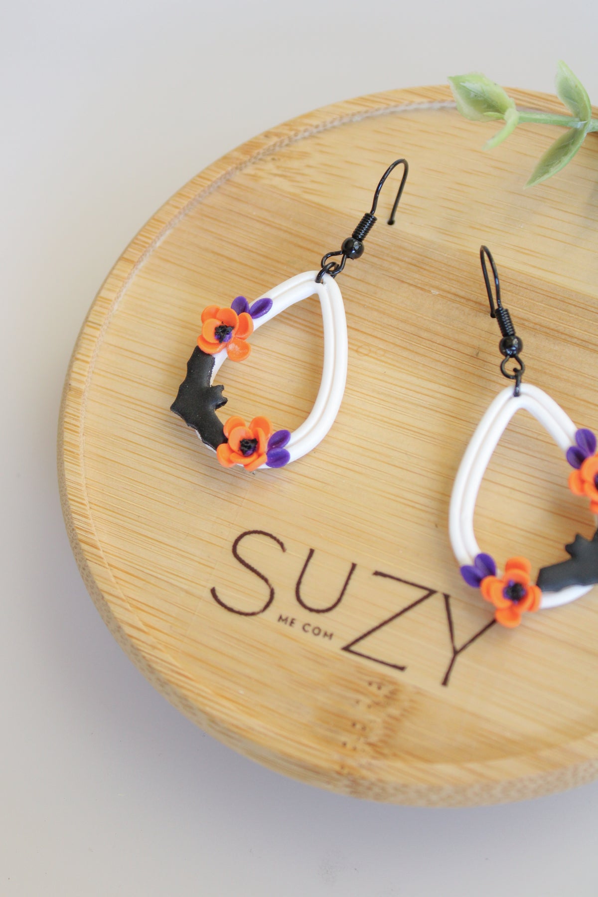 LH4 Floral Bat Earrings – Cute Halloween Polymer Clay Lightweight Dangle Earrings | Hypoallergenic Stainless Steel | Gift for Her | Boutique