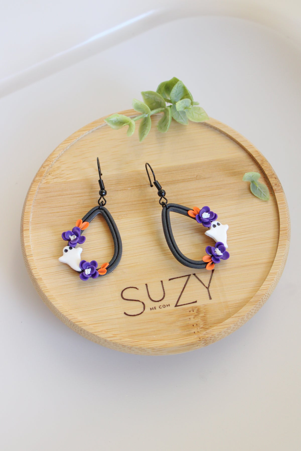 LH5 Floral Ghost Earrings – Cute Halloween Polymer Clay Lightweight Dangle Earrings | Hypoallergenic Stainless Steel | Gift for Her | Boutique