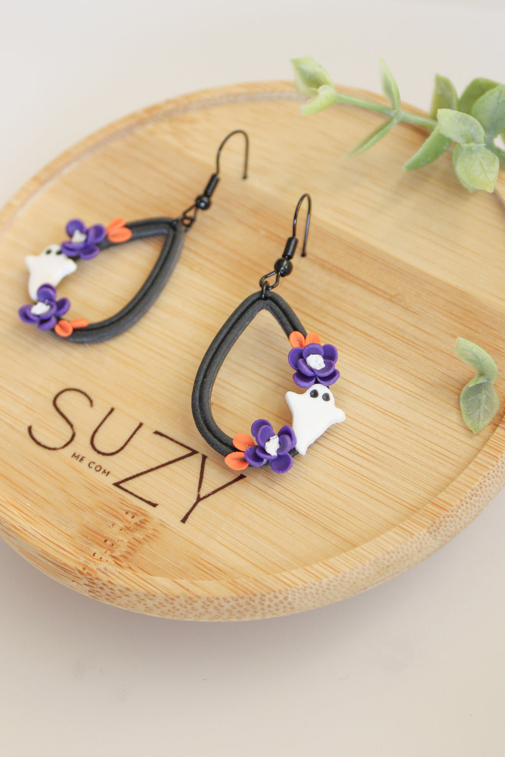 LH5 Floral Ghost Earrings – Cute Halloween Polymer Clay Lightweight Dangle Earrings | Hypoallergenic Stainless Steel | Gift for Her | Boutique
