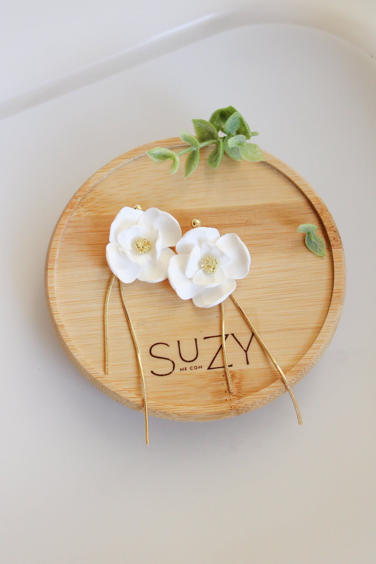 SUZY21 Everyday, Lightweight Floral Earrings, Handmade Polymer Clay Jewelry, White & Gold