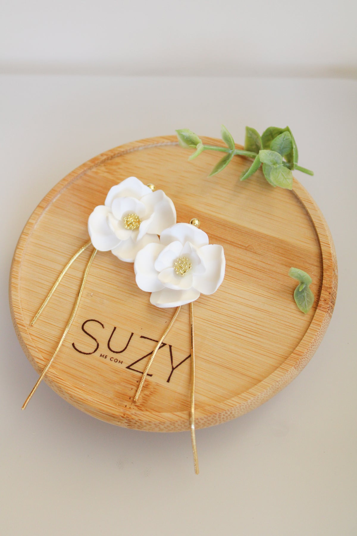 SUZY21 Everyday, Lightweight Floral Earrings, Handmade Polymer Clay Jewelry, White & Gold