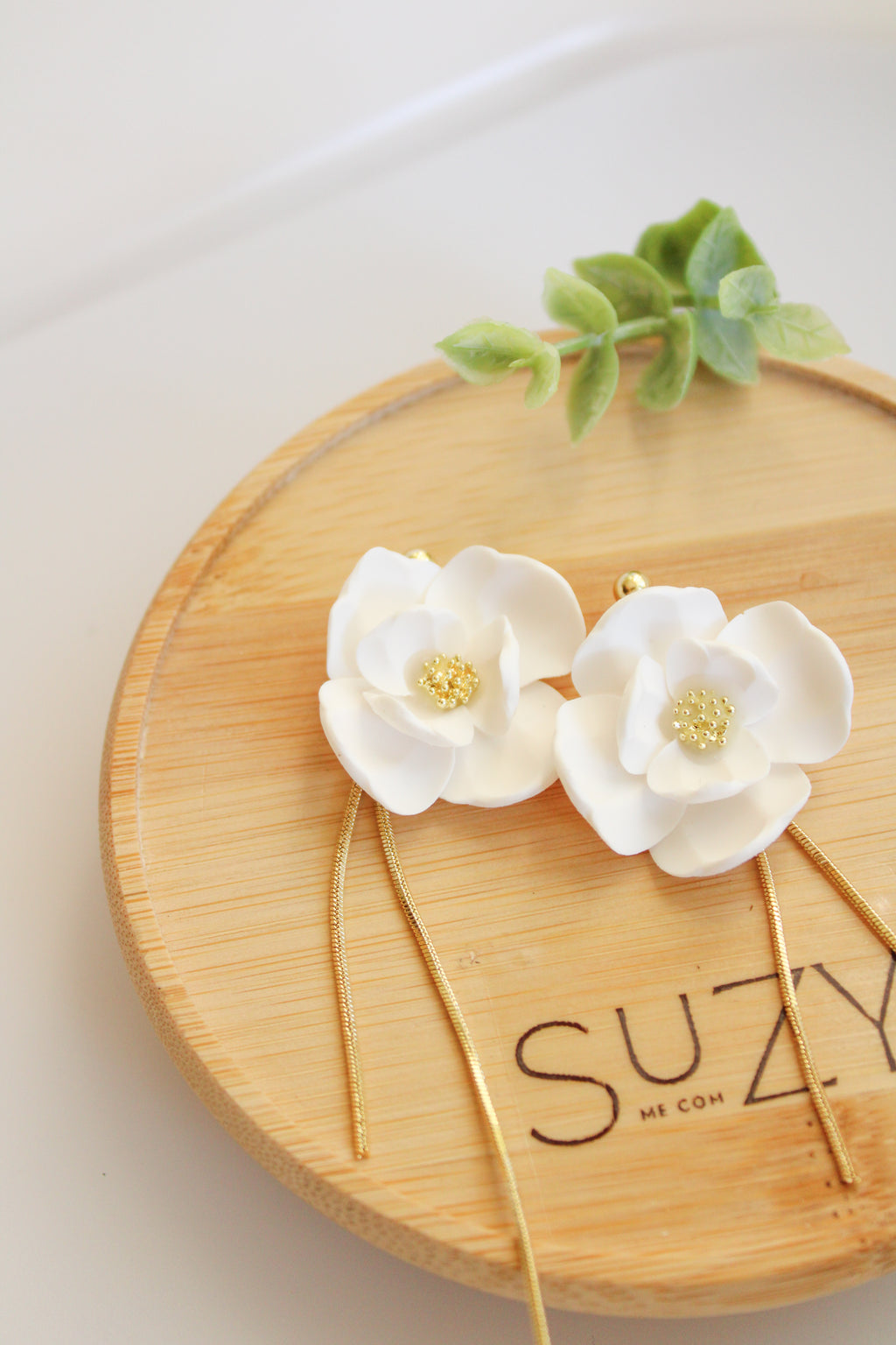 SUZY21 Everyday, Lightweight Floral Earrings, Handmade Polymer Clay Jewelry, White & Gold