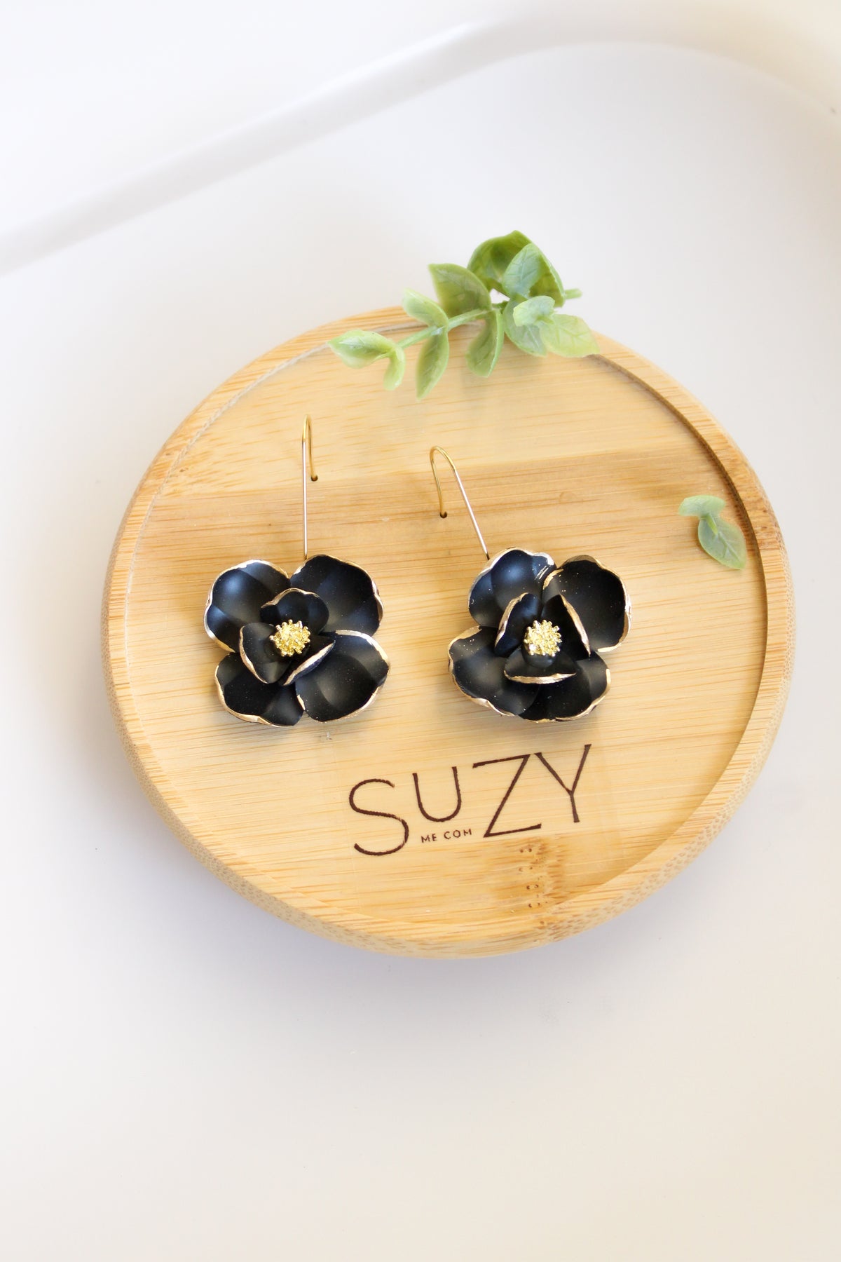 SUZY20 Everyday, Lightweight Floral Earrings, Handmade Polymer Clay Jewelry, Black & Gold