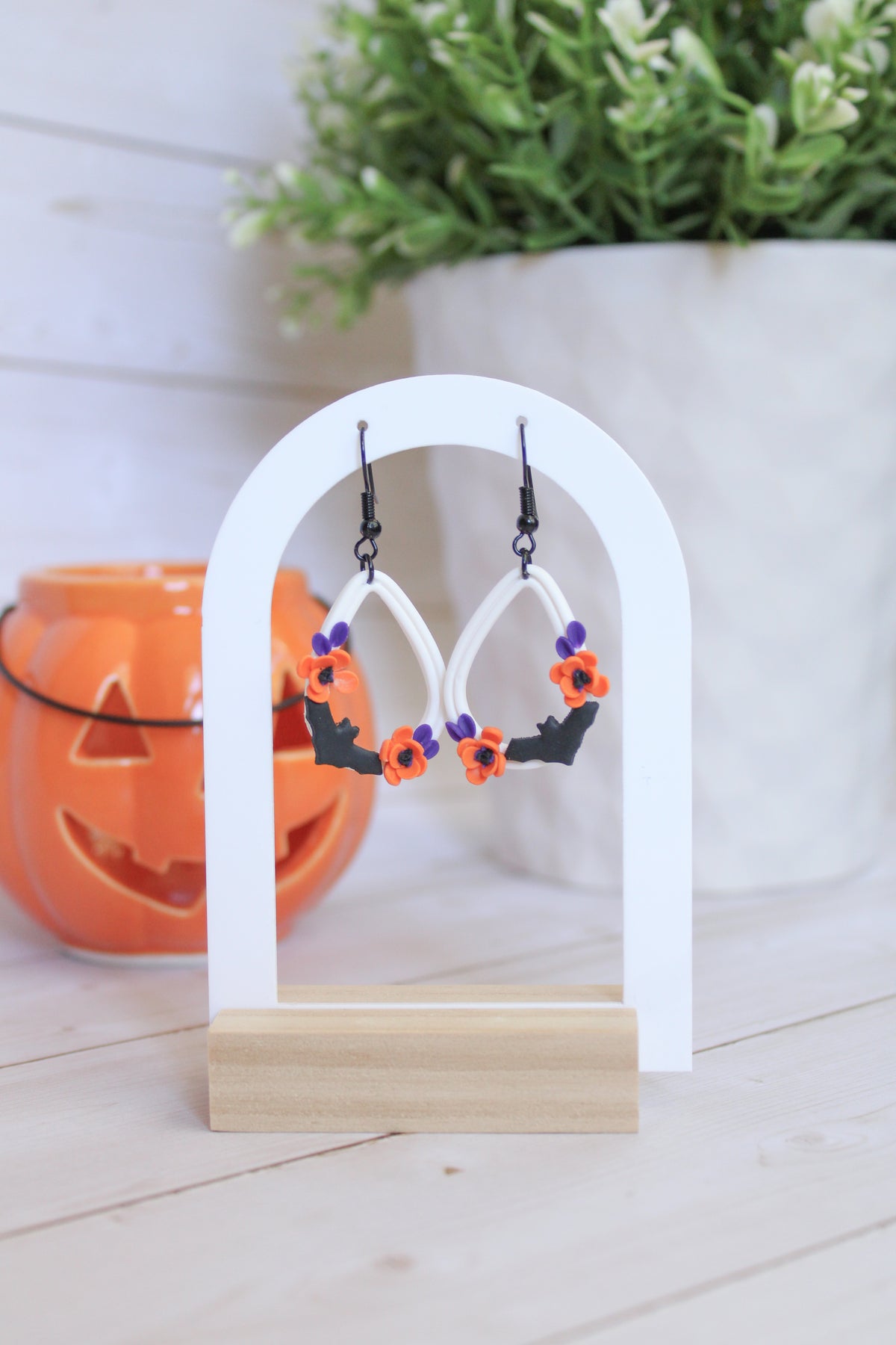 LH4 Floral Bat Earrings – Cute Halloween Polymer Clay Lightweight Dangle Earrings | Hypoallergenic Stainless Steel | Gift for Her | Boutique