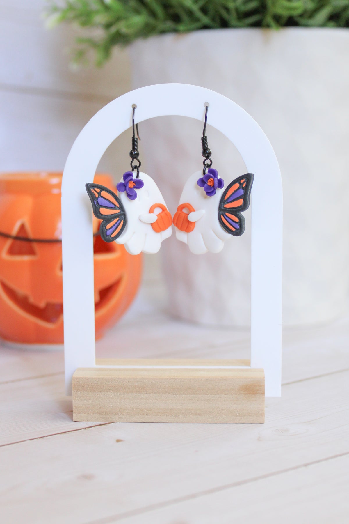 LH3 Monarch Ghost Butterfly Pumpkin Earrings – Cute Halloween Polymer Clay Lightweight Dangle Earrings | Hypoallergenic Stainless Steel | Gift for Her | Boutique