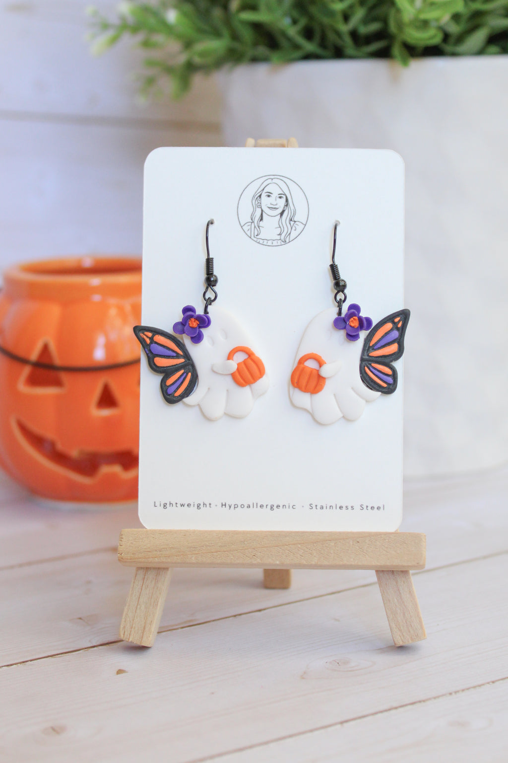 LH3 Monarch Ghost Butterfly Pumpkin Earrings – Cute Halloween Polymer Clay Lightweight Dangle Earrings | Hypoallergenic Stainless Steel | Gift for Her | Boutique