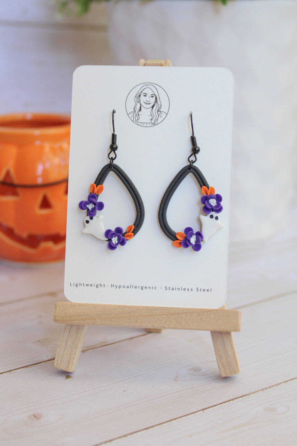 LH5 Floral Ghost Earrings – Cute Halloween Polymer Clay Lightweight Dangle Earrings | Hypoallergenic Stainless Steel | Gift for Her | Boutique