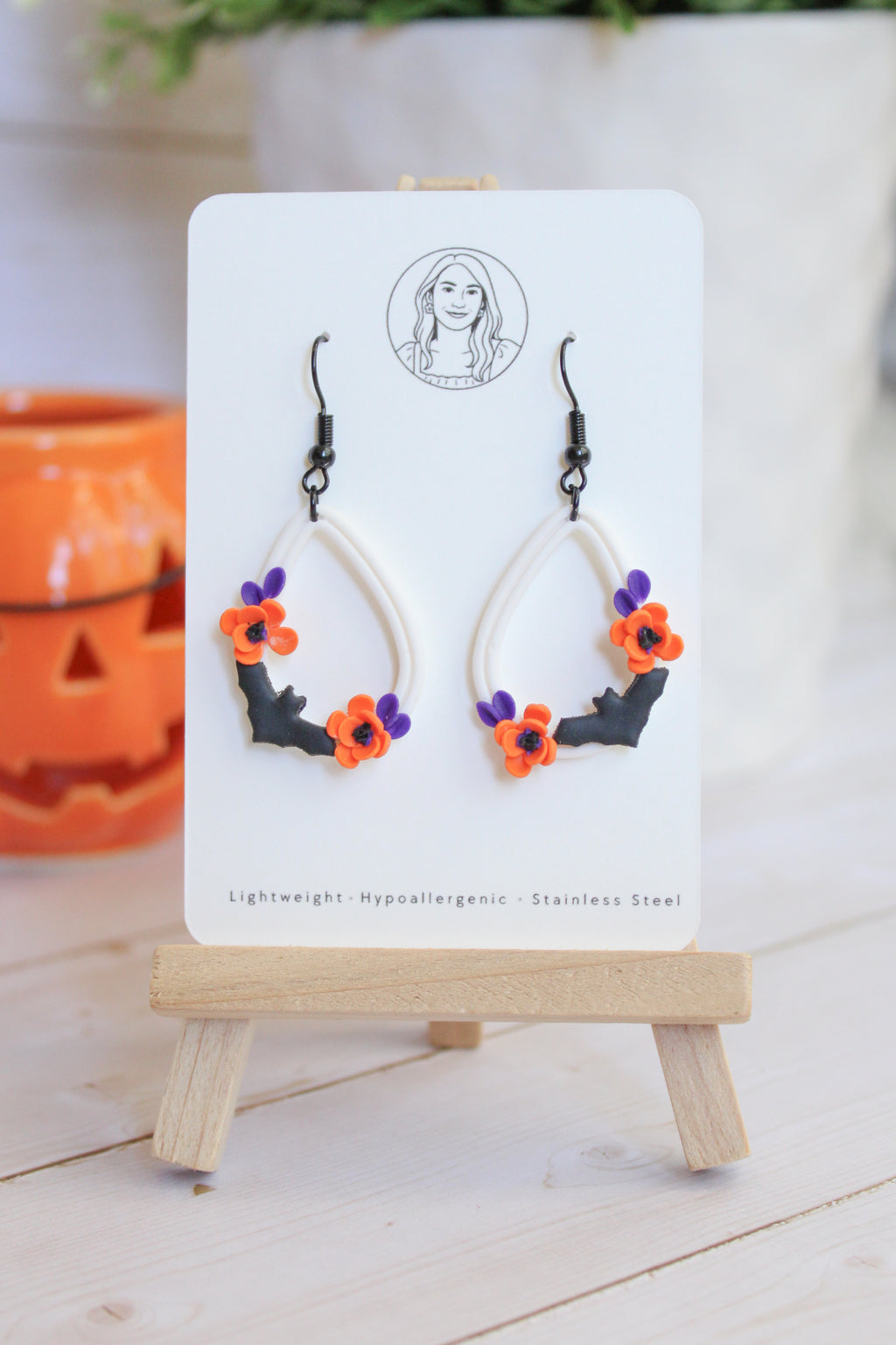 LH4 Floral Bat Earrings – Cute Halloween Polymer Clay Lightweight Dangle Earrings | Hypoallergenic Stainless Steel | Gift for Her | Boutique