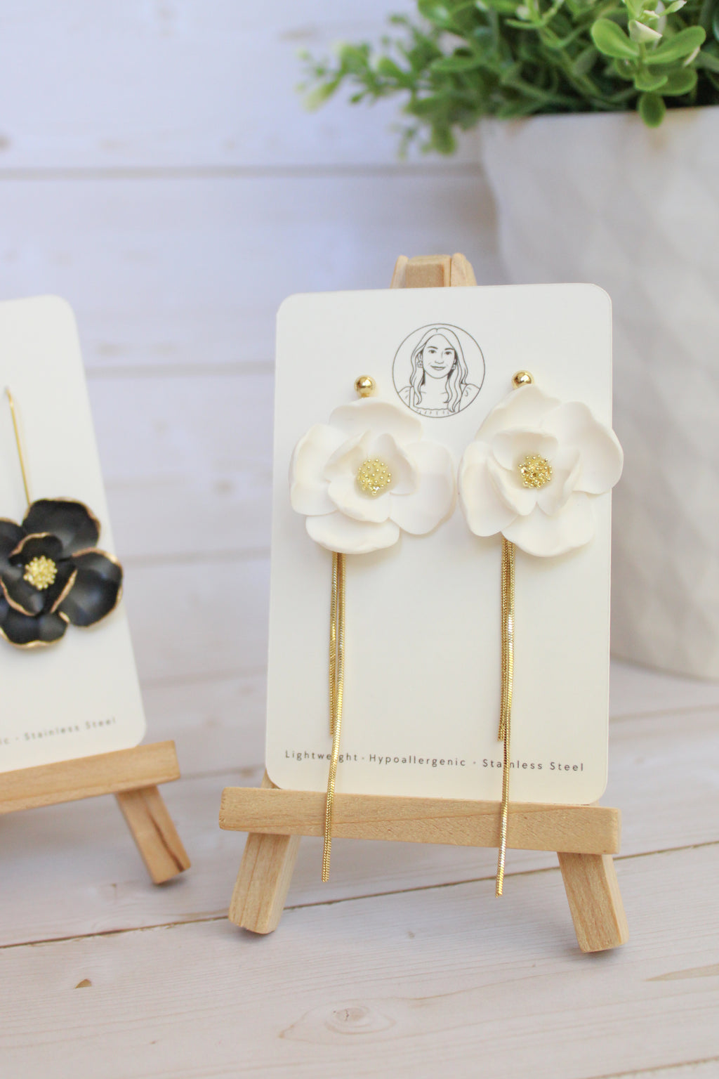 SUZY21 Everyday, Lightweight Floral Earrings, Handmade Polymer Clay Jewelry, White & Gold