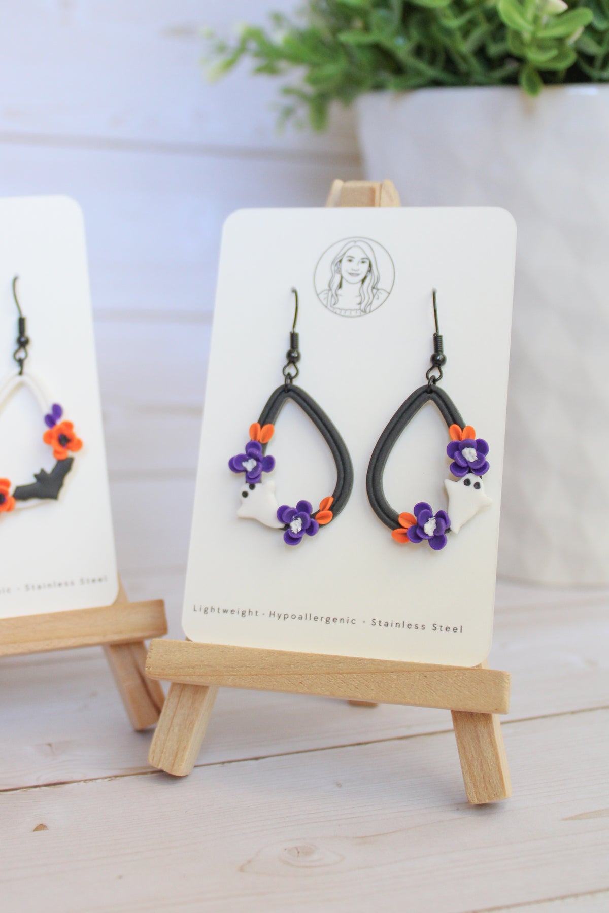 LH5 Floral Ghost Earrings – Cute Halloween Polymer Clay Lightweight Dangle Earrings | Hypoallergenic Stainless Steel | Gift for Her | Boutique