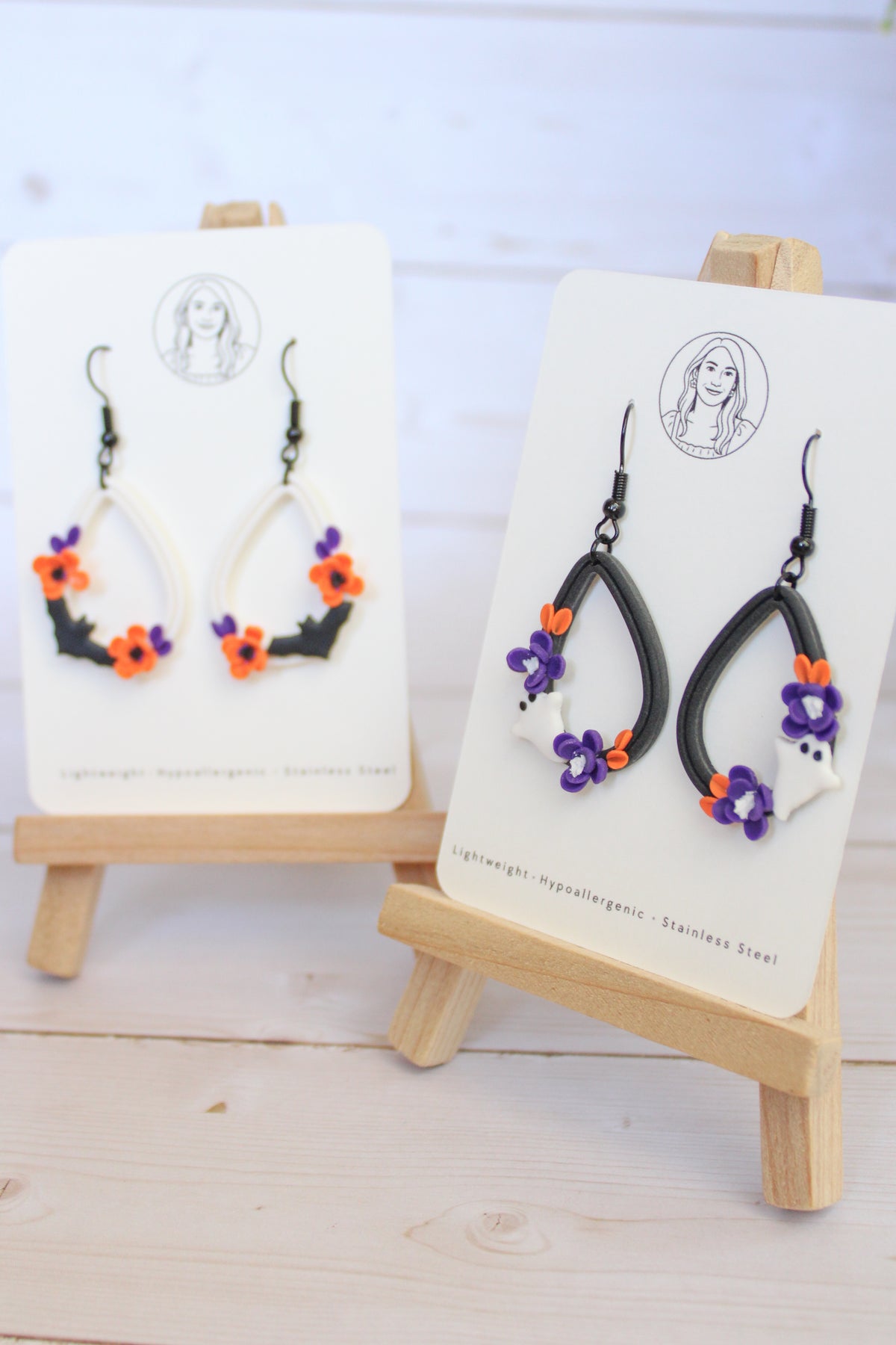 LH4 Floral Bat Earrings – Cute Halloween Polymer Clay Lightweight Dangle Earrings | Hypoallergenic Stainless Steel | Gift for Her | Boutique