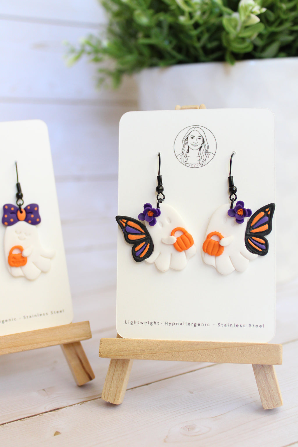 LH3 Monarch Ghost Butterfly Pumpkin Earrings – Cute Halloween Polymer Clay Lightweight Dangle Earrings | Hypoallergenic Stainless Steel | Gift for Her | Boutique