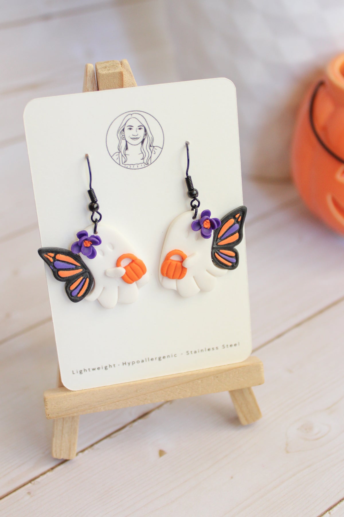 LH3 Monarch Ghost Butterfly Pumpkin Earrings – Cute Halloween Polymer Clay Lightweight Dangle Earrings | Hypoallergenic Stainless Steel | Gift for Her | Boutique