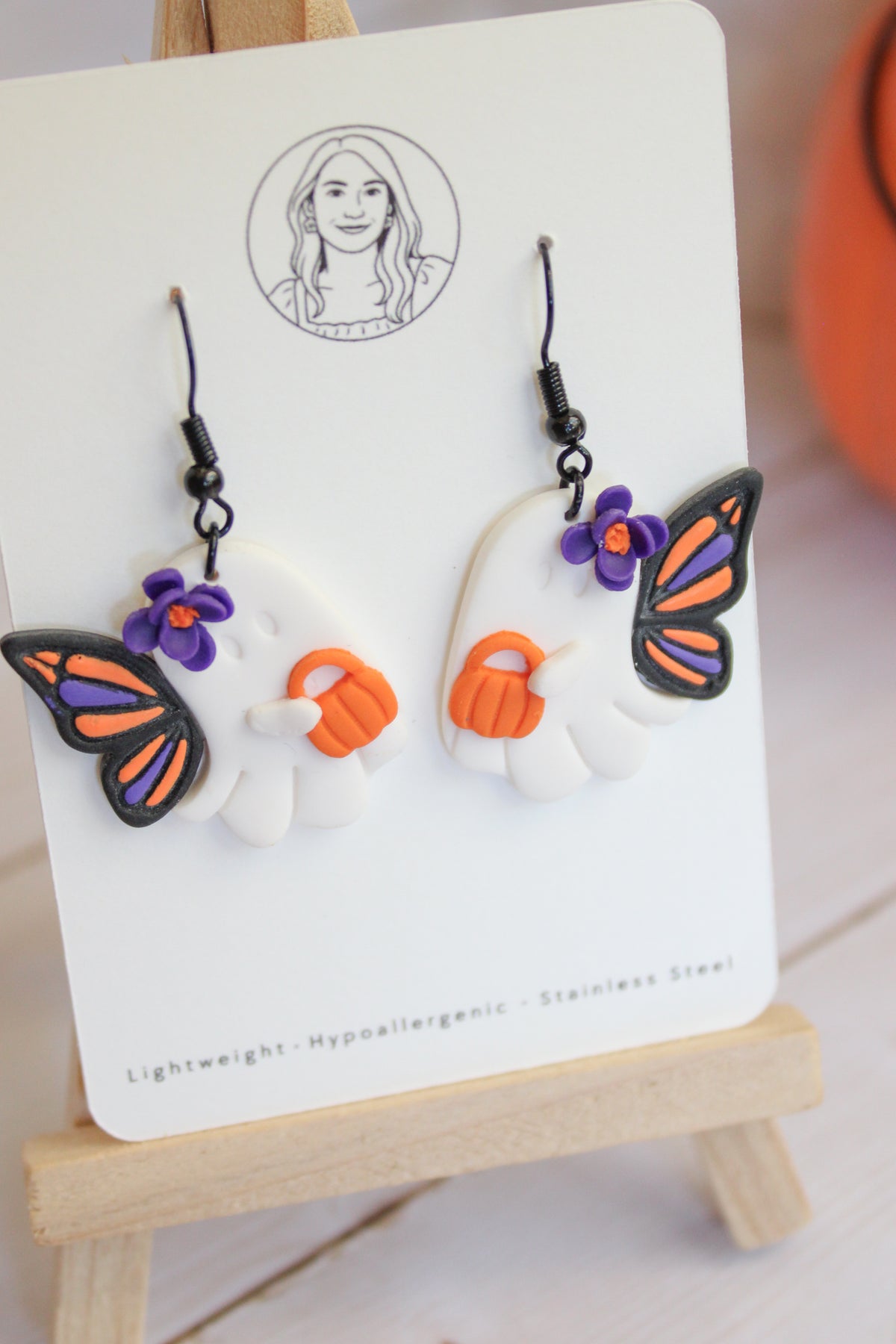 LH3 Monarch Ghost Butterfly Pumpkin Earrings – Cute Halloween Polymer Clay Lightweight Dangle Earrings | Hypoallergenic Stainless Steel | Gift for Her | Boutique