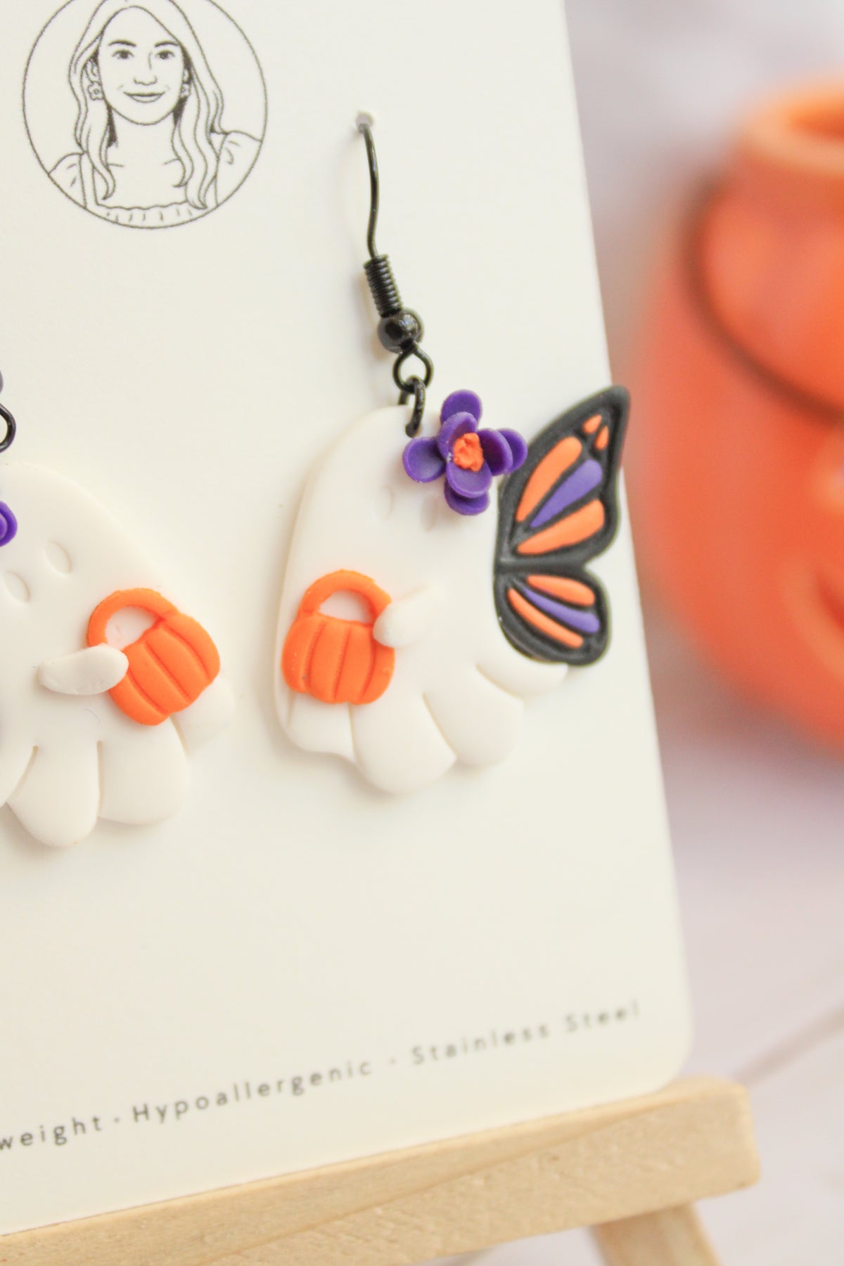 LH3 Monarch Ghost Butterfly Pumpkin Earrings – Cute Halloween Polymer Clay Lightweight Dangle Earrings | Hypoallergenic Stainless Steel | Gift for Her | Boutique