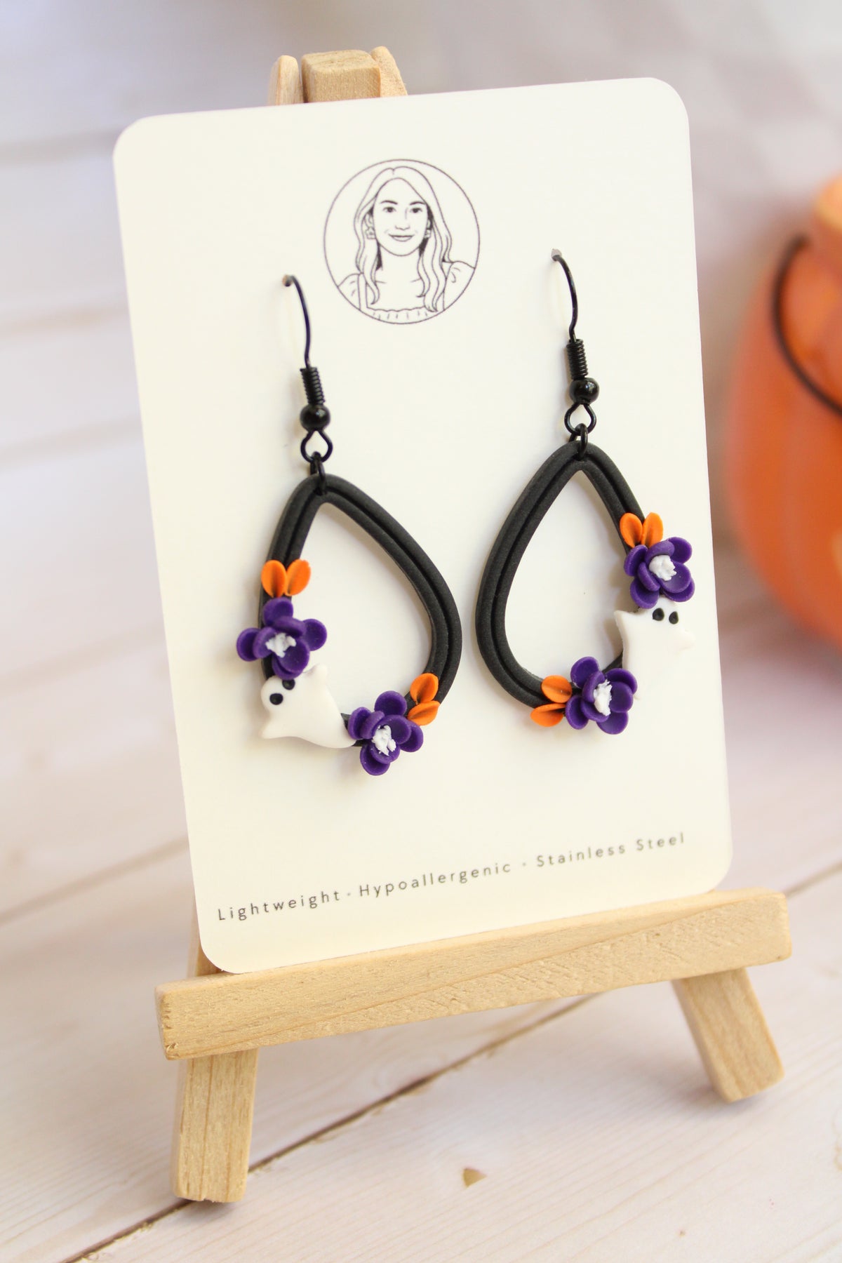 LH5 Floral Ghost Earrings – Cute Halloween Polymer Clay Lightweight Dangle Earrings | Hypoallergenic Stainless Steel | Gift for Her | Boutique