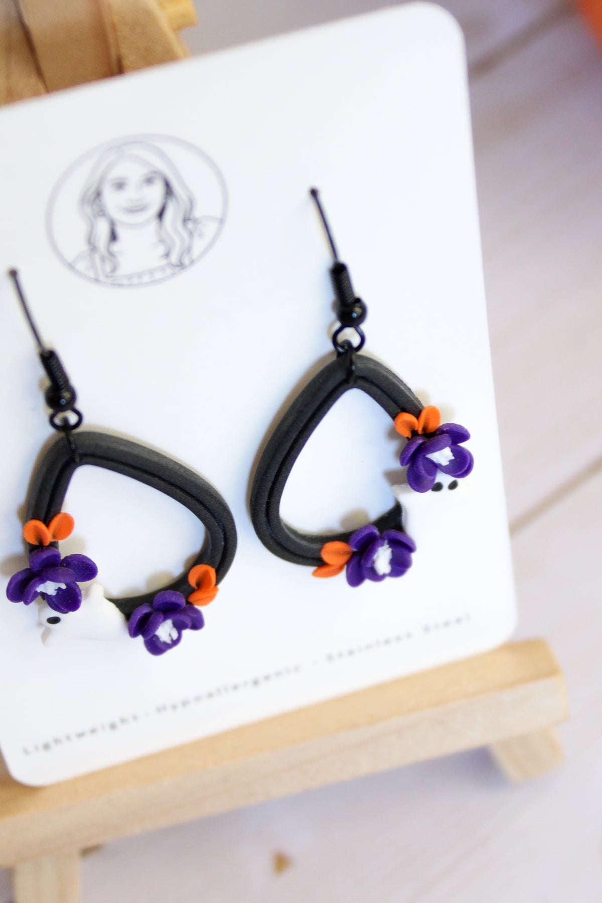 LH5 Floral Ghost Earrings – Cute Halloween Polymer Clay Lightweight Dangle Earrings | Hypoallergenic Stainless Steel | Gift for Her | Boutique