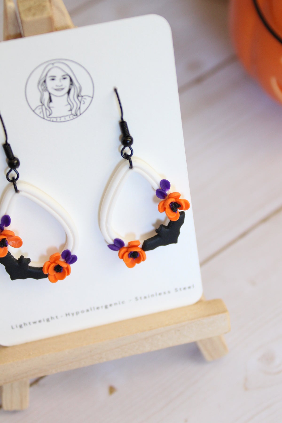 LH4 Floral Bat Earrings – Cute Halloween Polymer Clay Lightweight Dangle Earrings | Hypoallergenic Stainless Steel | Gift for Her | Boutique