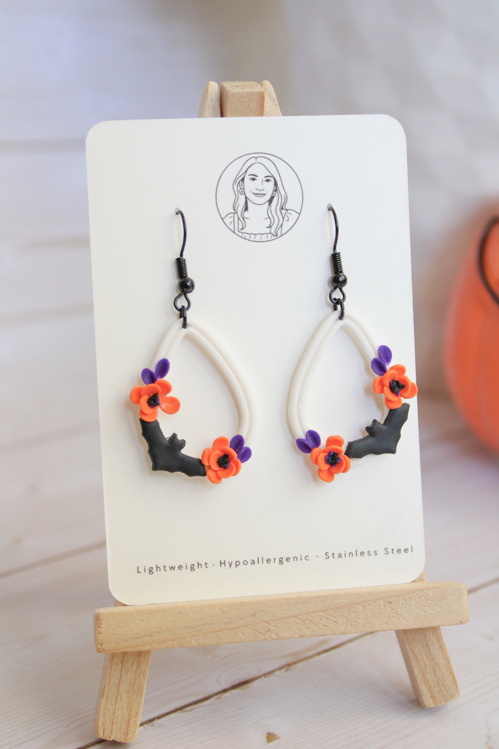 LH4 Floral Bat Earrings – Cute Halloween Polymer Clay Lightweight Dangle Earrings | Hypoallergenic Stainless Steel | Gift for Her | Boutique