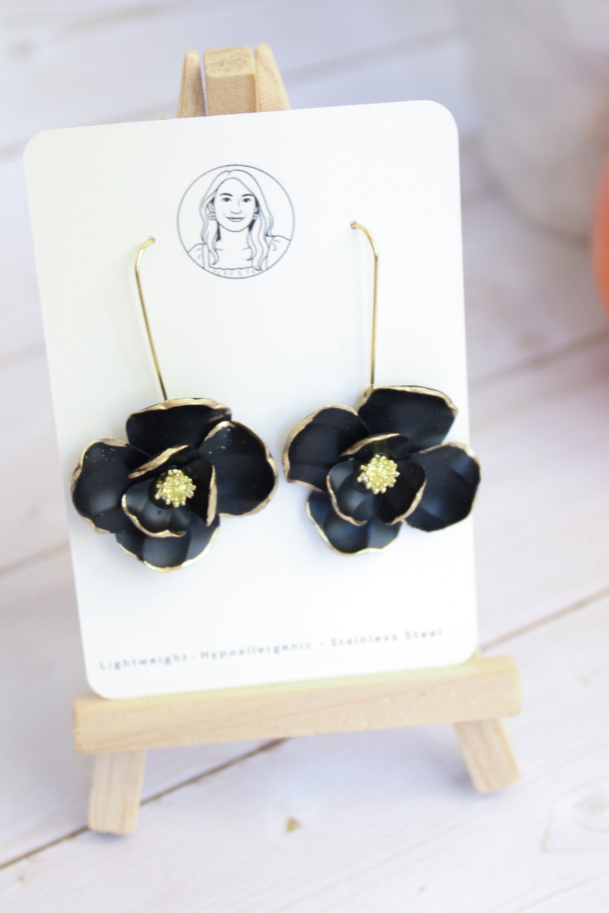 SUZY20 Everyday, Lightweight Floral Earrings, Handmade Polymer Clay Jewelry, Black & Gold