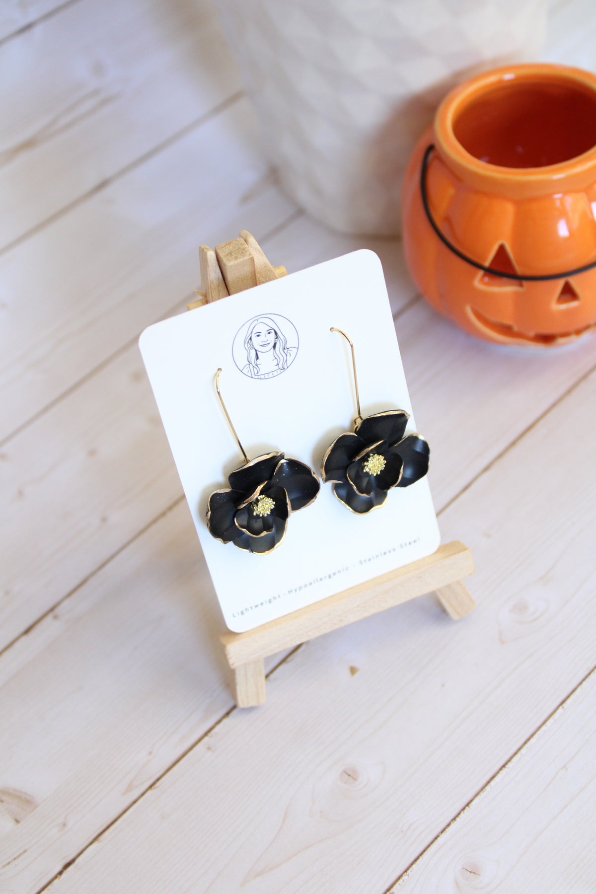 SUZY20 Everyday, Lightweight Floral Earrings, Handmade Polymer Clay Jewelry, Black & Gold