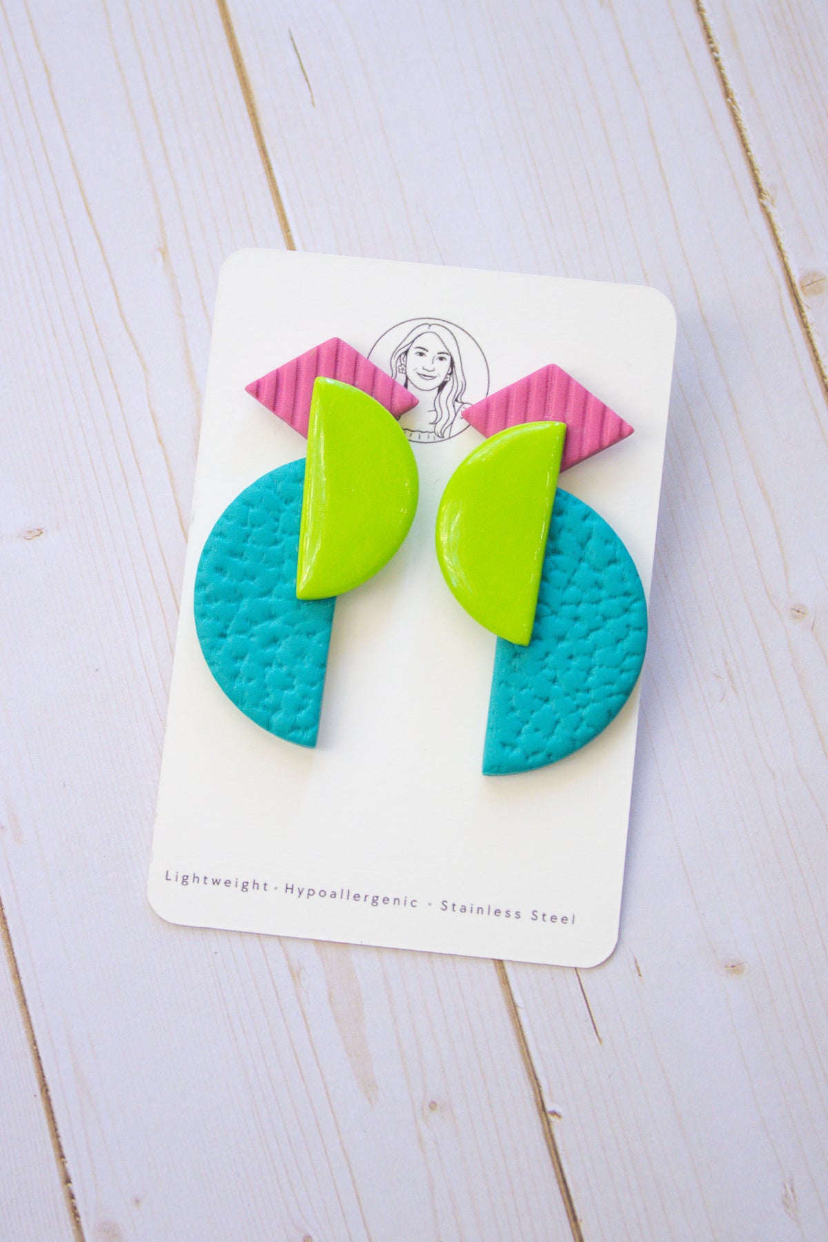 RR8 Geometric Groove – Pink Lime Green & Turquoise Retro Statement Earrings | Handmade Polymer Clay Hypoallergenic | Boutique Gift