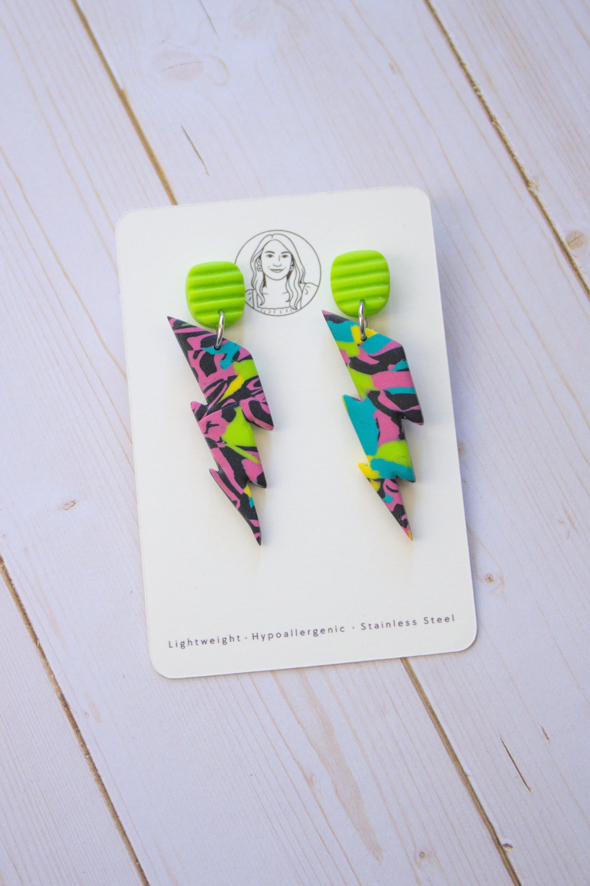 RR11 Neon Flash – Colorful Abstract Lightning Bolt Statement Earrings | Handmade Polymer Clay Hypoallergenic | Boutique Gift